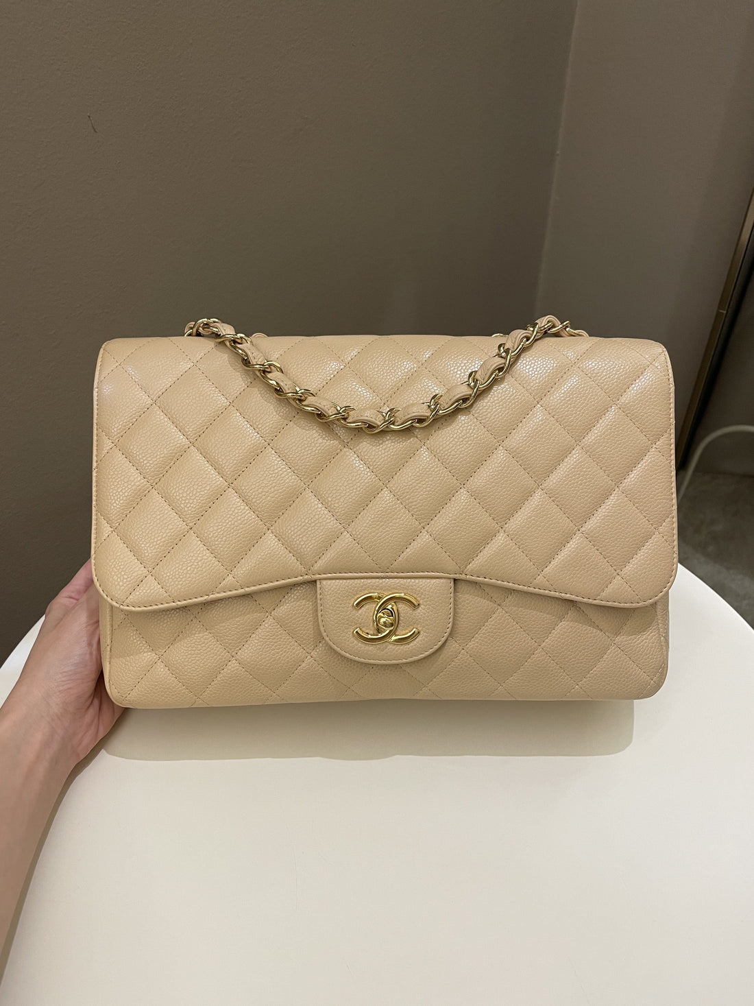 Chanel Classic Quilted Jumbo Single Flap Beige Caviar - Bags