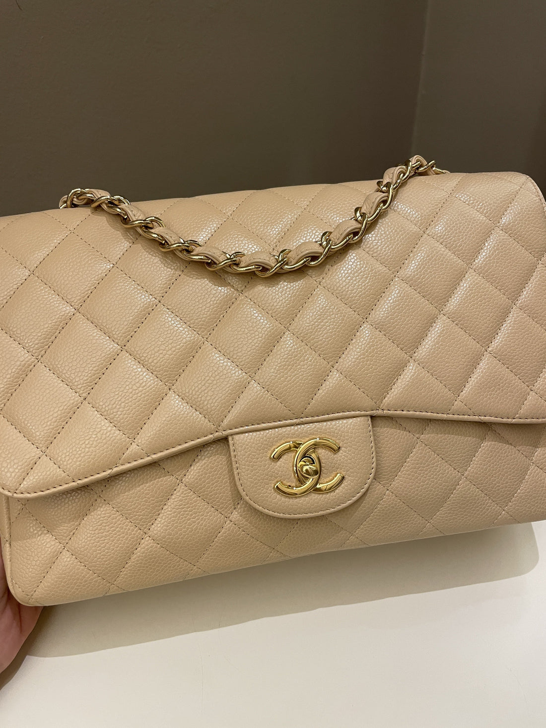 Chanel Classic Quilted Jumbo Single Flap Beige Caviar - Bags