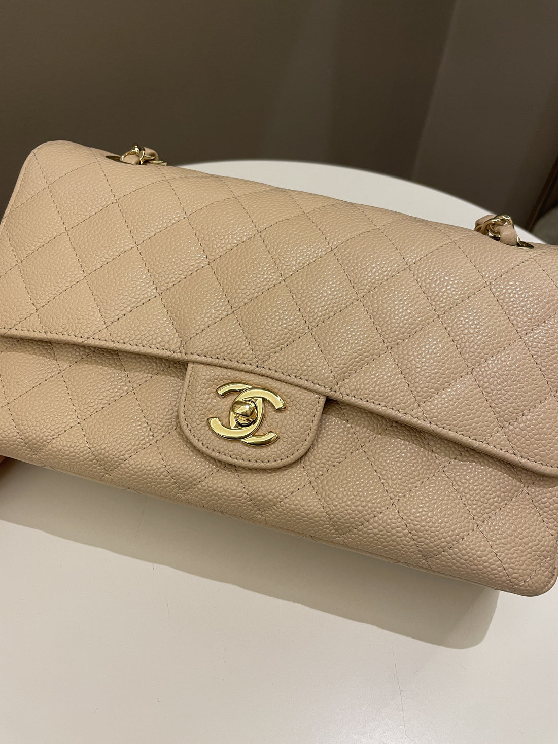 Chanel Classic Quilted Medium Double Flap Beige Caviar - Bags