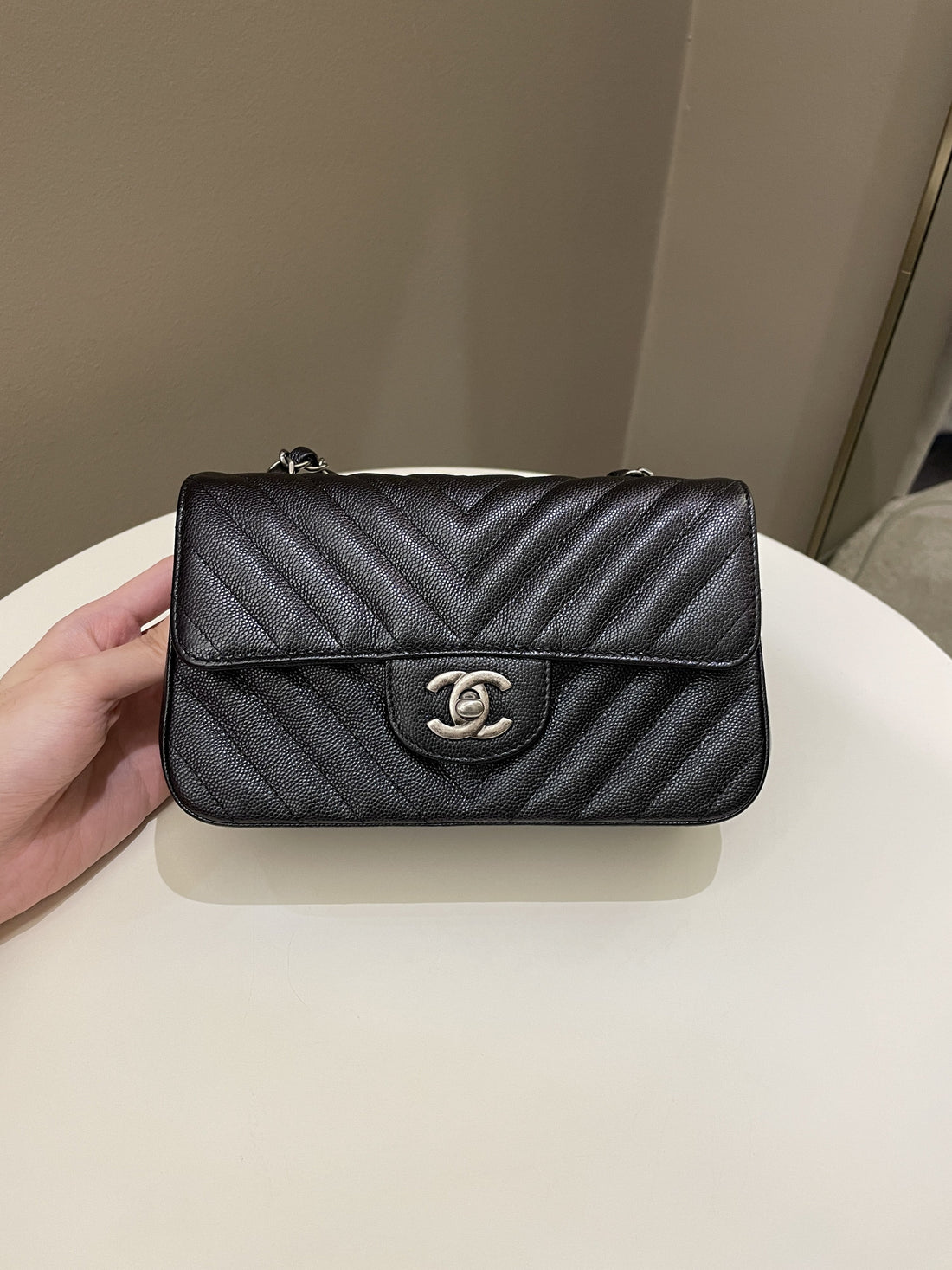 Chanel 17B Classic Chevron Mini Rectangular Black Iridescent Caviar - Bags