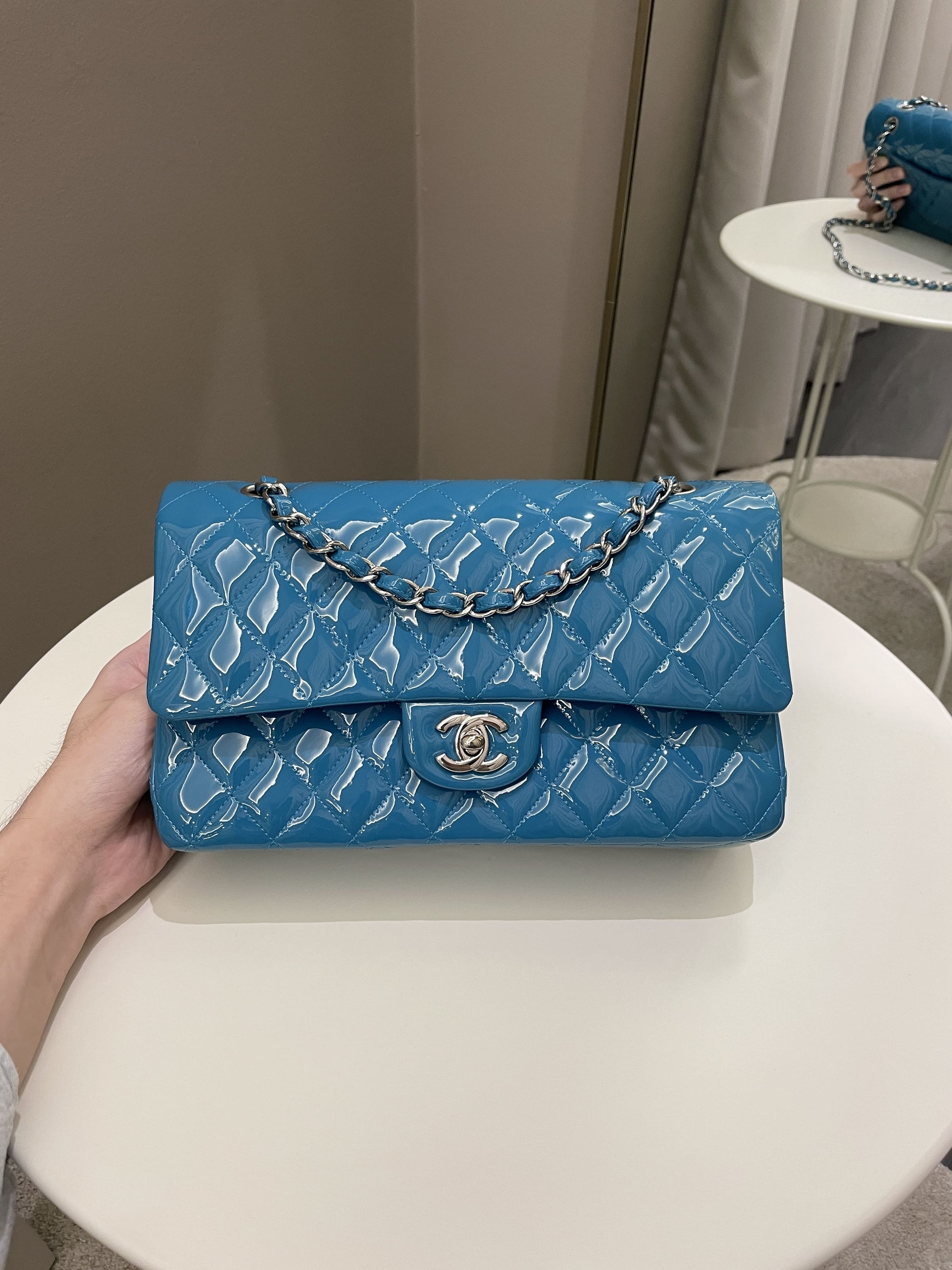 Chanel Classic Quilted Medium Double Flap Turquoise Patent - Bags - 22