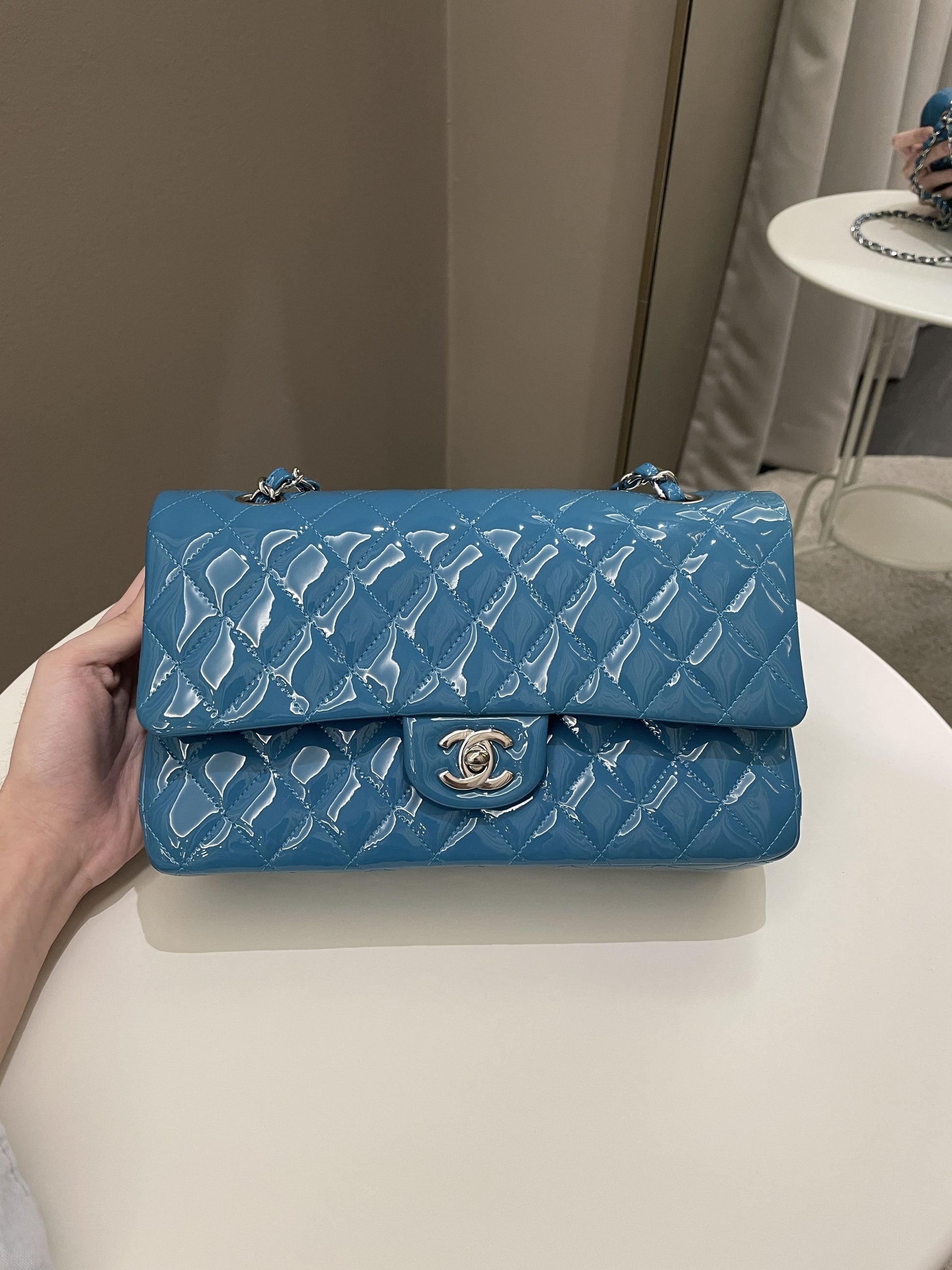 Chanel Classic Quilted Medium Double Flap Turquoise Patent - Bags - 2