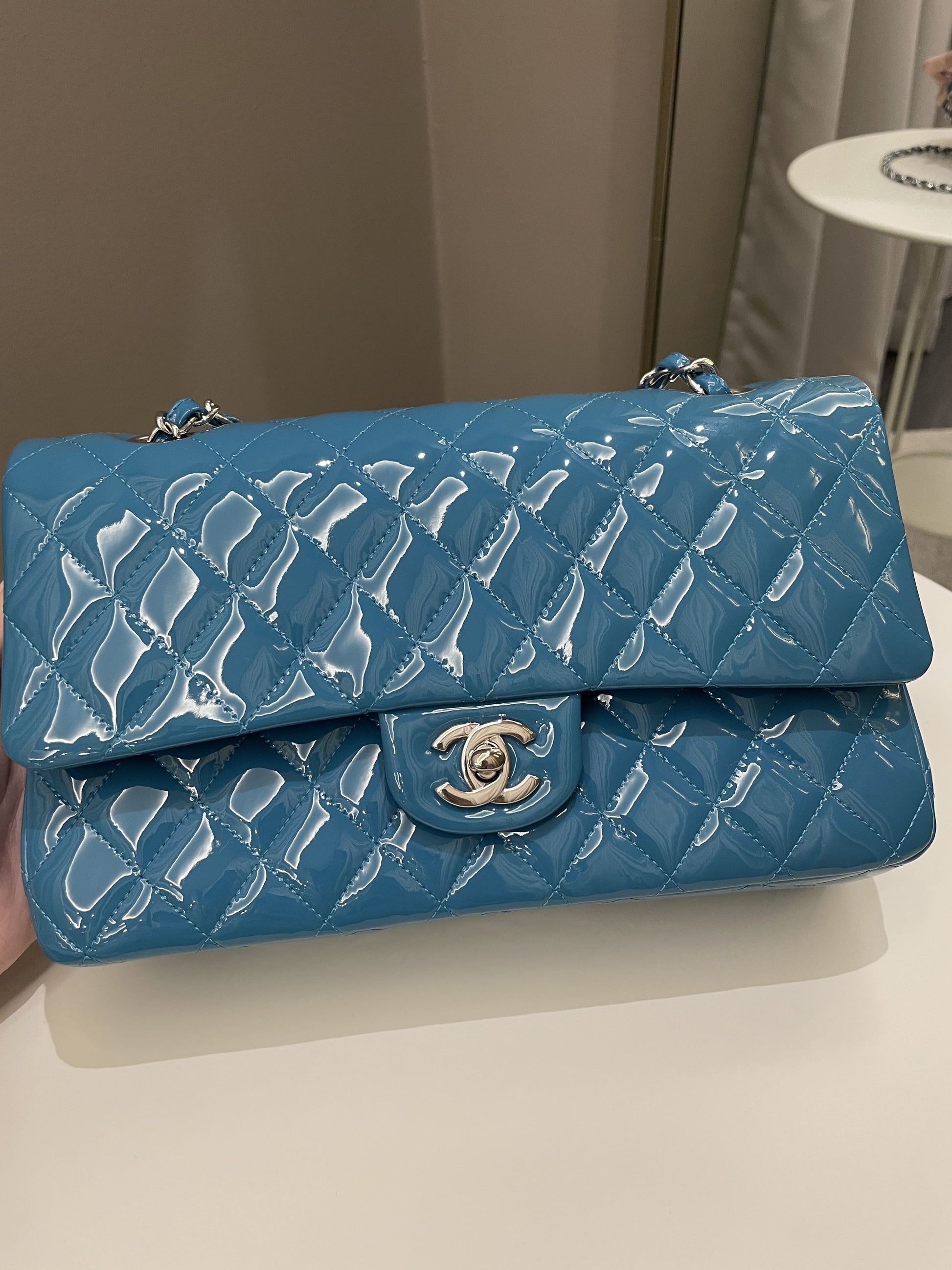 Chanel Classic Quilted Medium Double Flap Turquoise Patent - Bags