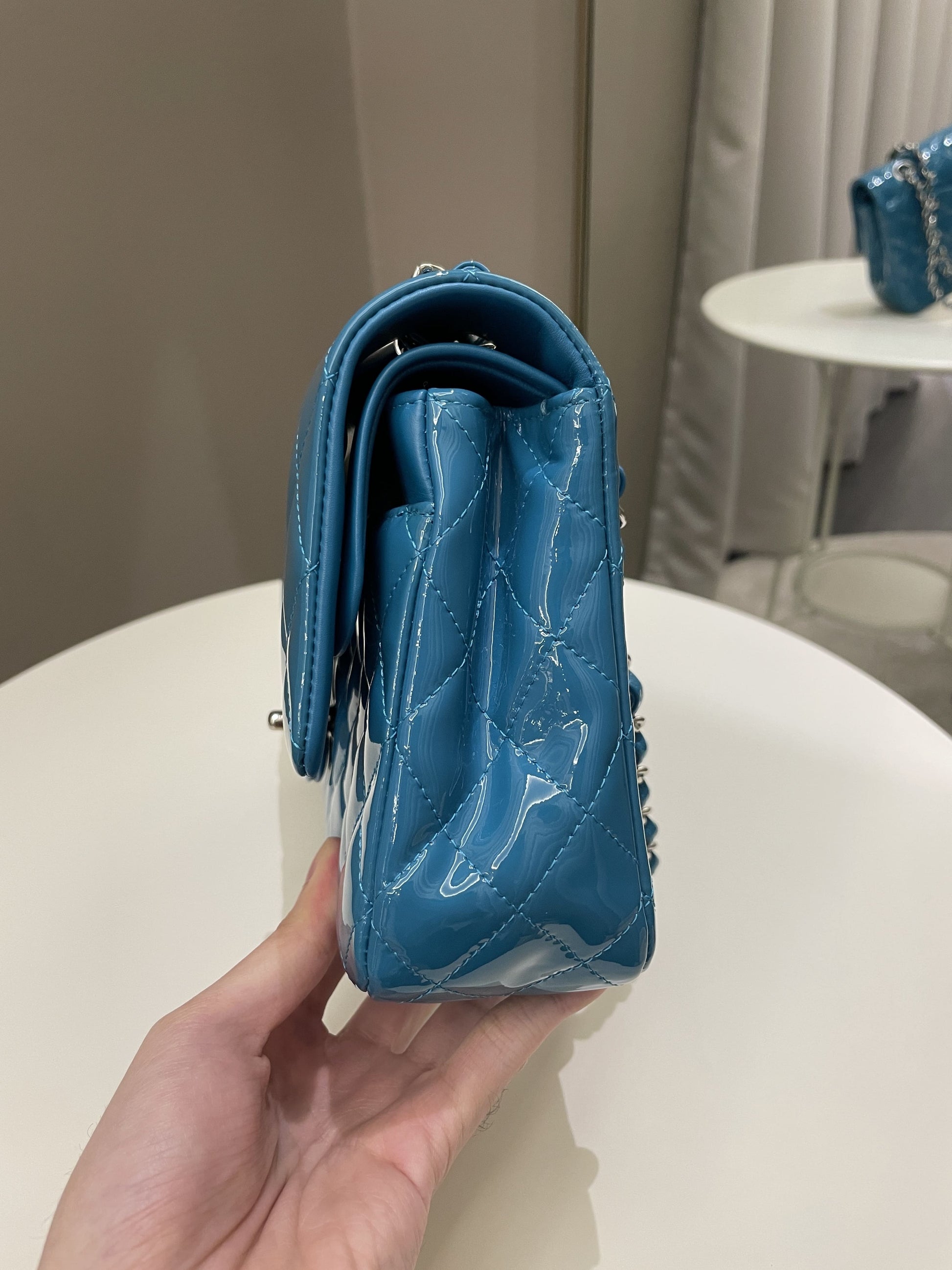 Chanel Classic Quilted Medium Double Flap Turquoise Patent - Bags - 6