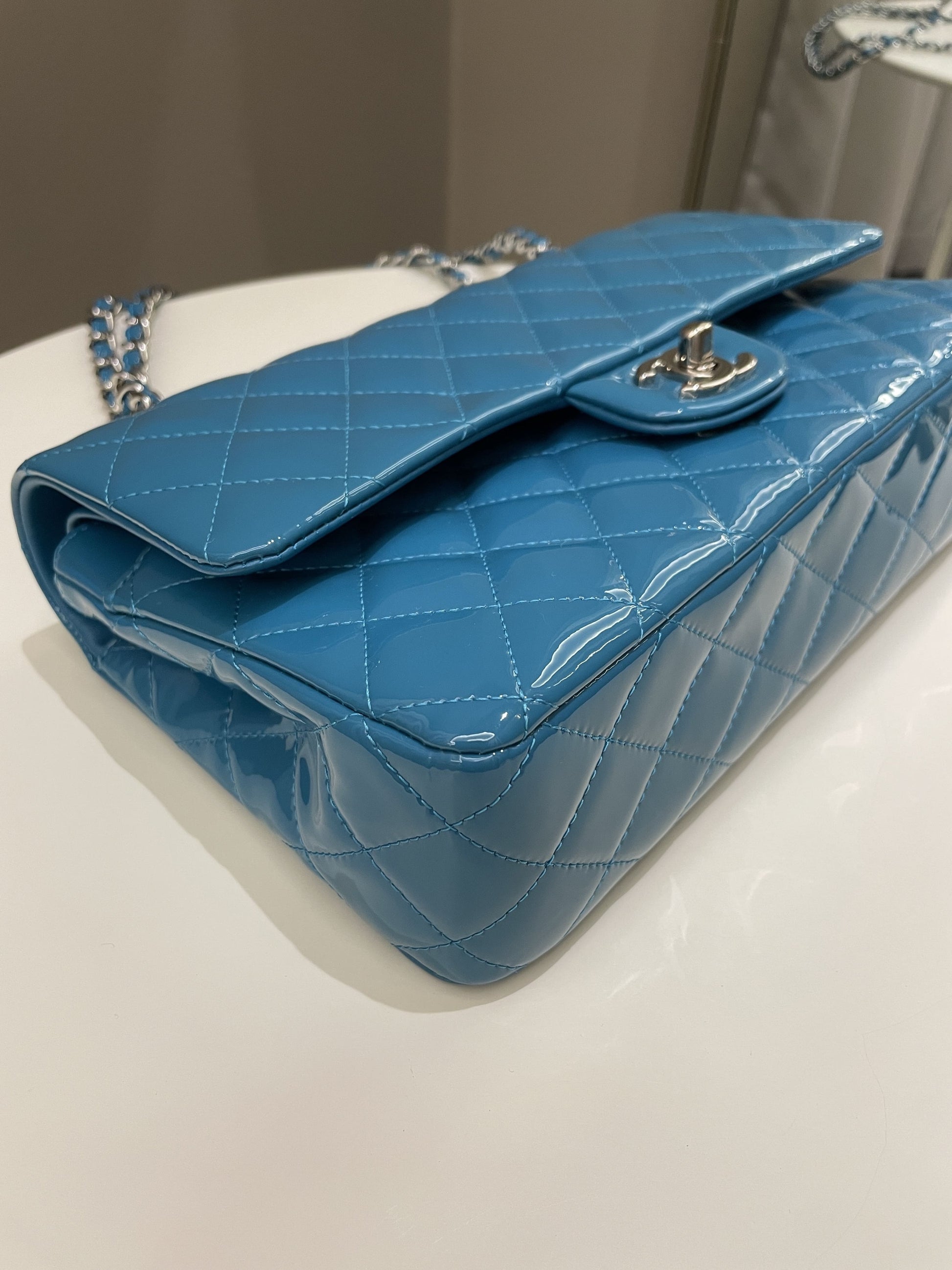 Chanel Classic Quilted Medium Double Flap Turquoise Patent - Bags - 8