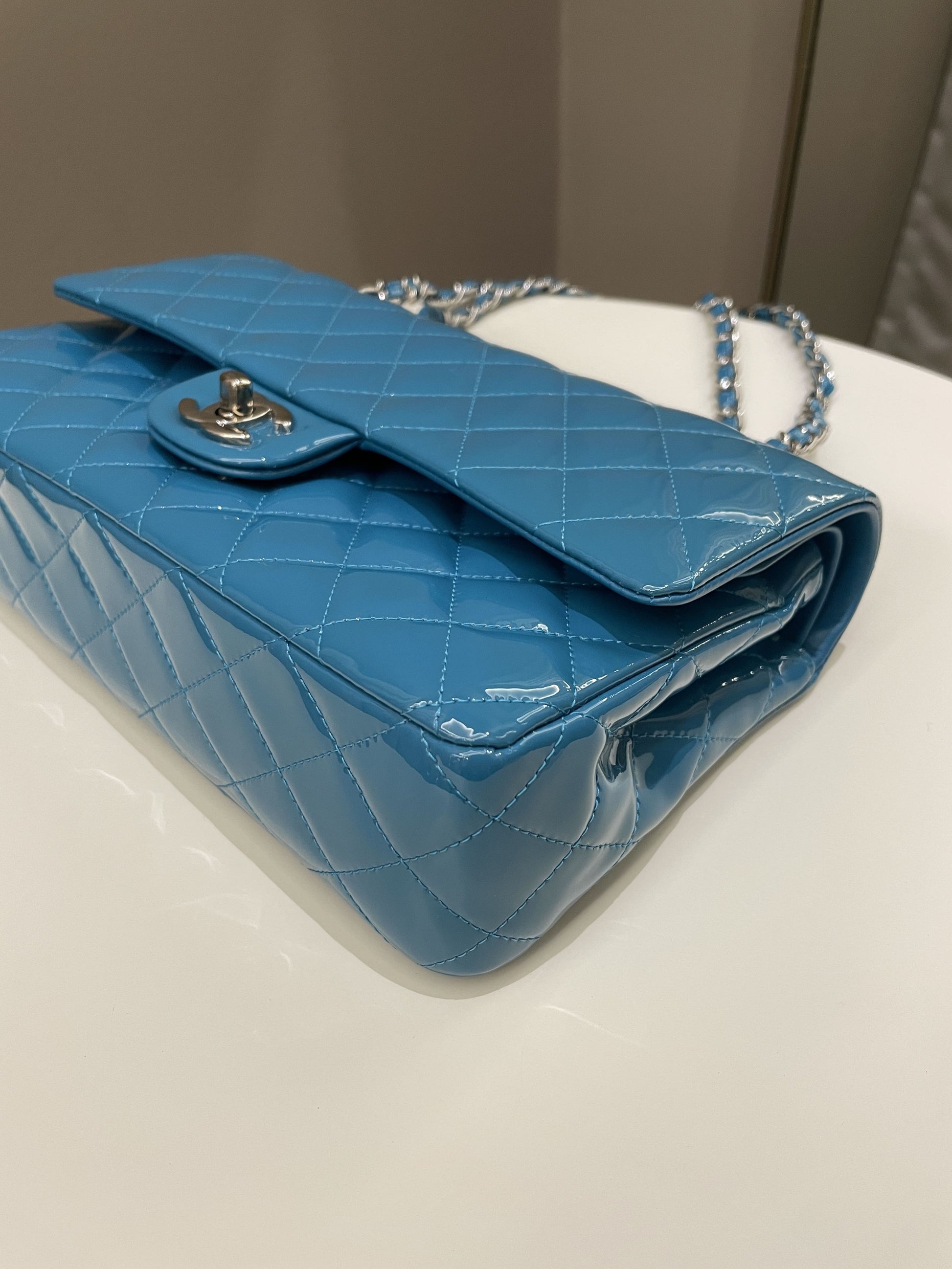 Chanel Classic Quilted Medium Double Flap Turquoise Patent - Bags - 9