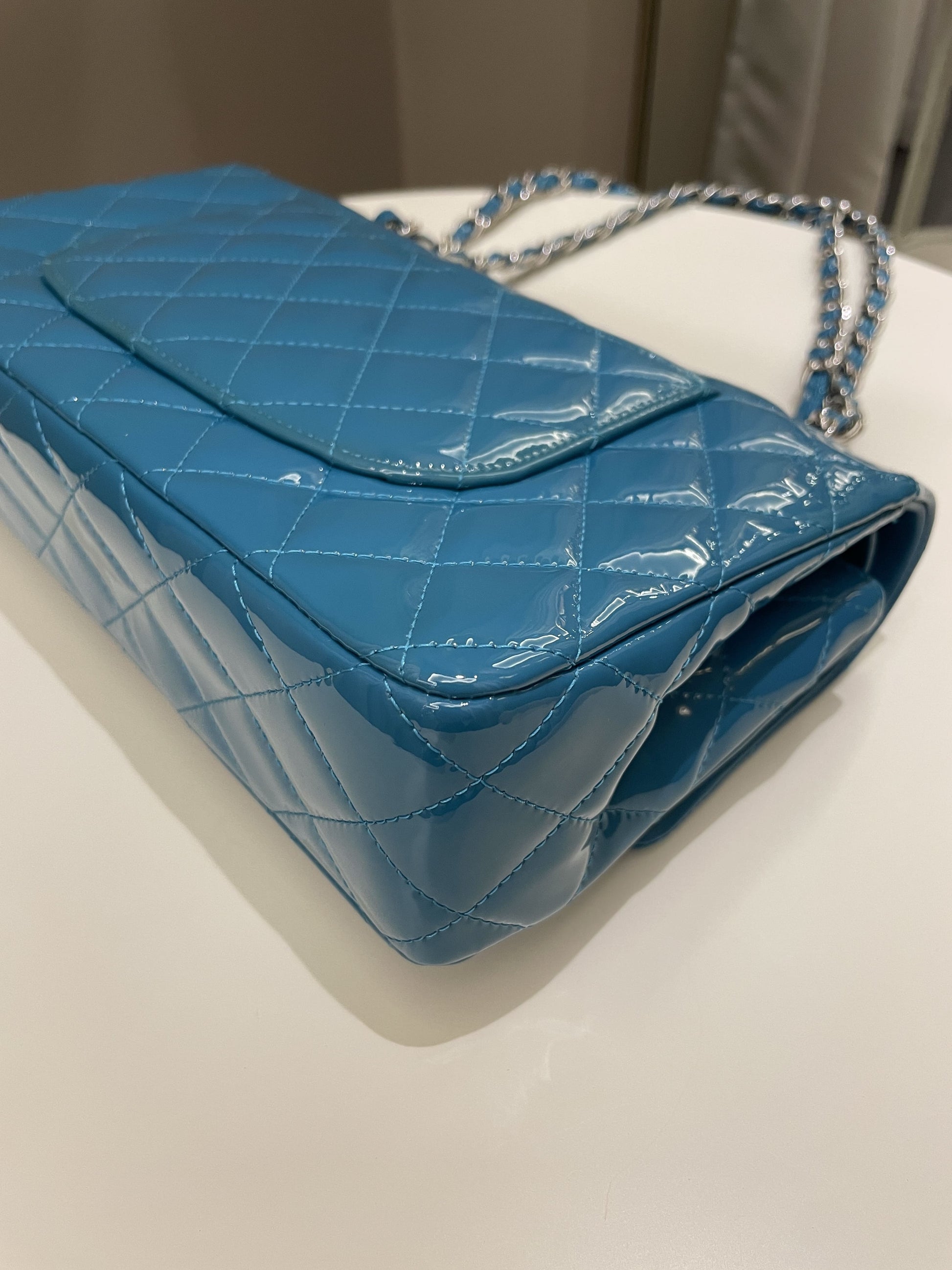 Chanel Classic Quilted Medium Double Flap Turquoise Patent - Bags - 11