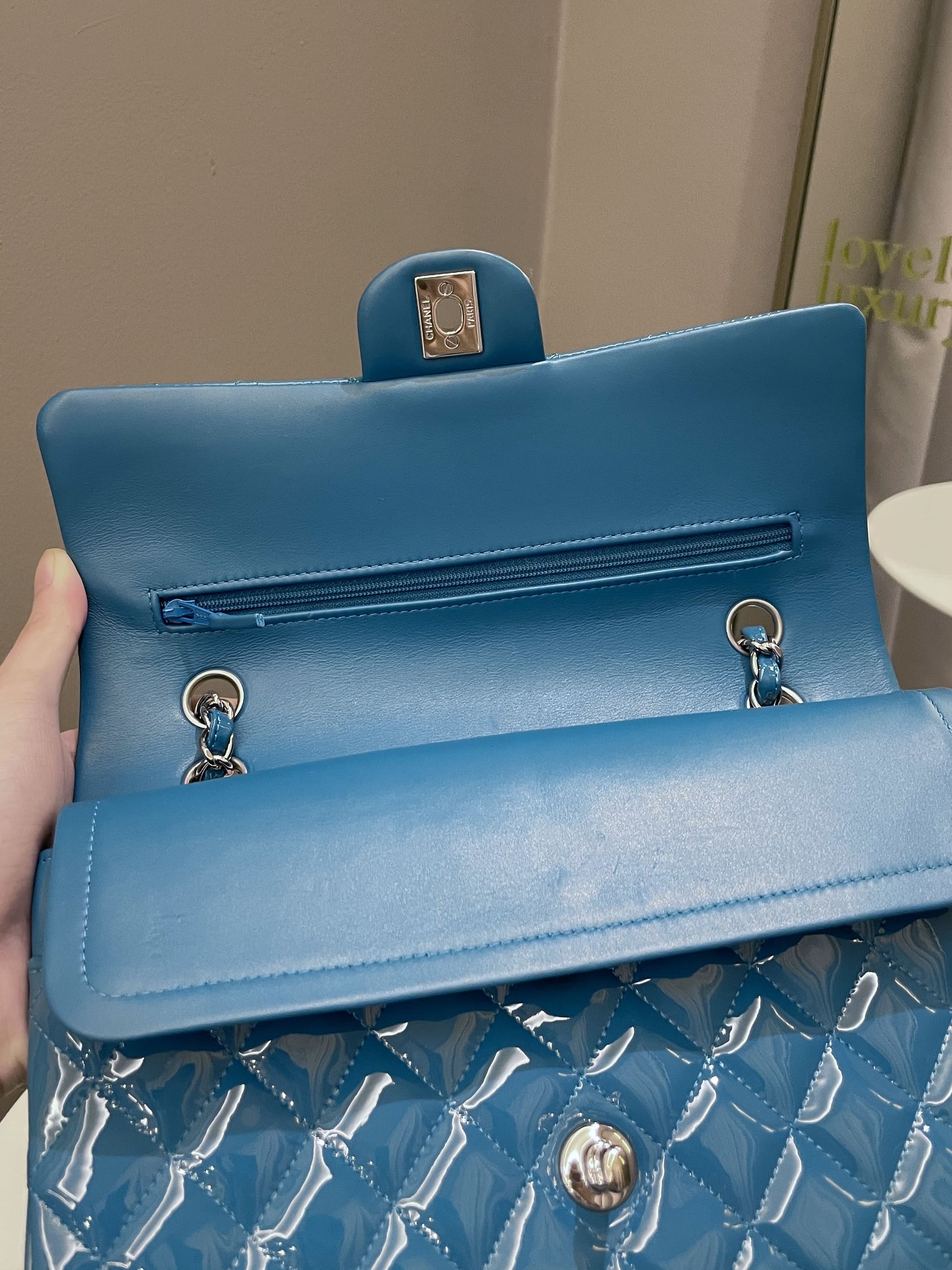 Chanel Classic Quilted Medium Double Flap Turquoise Patent - Bags - 13
