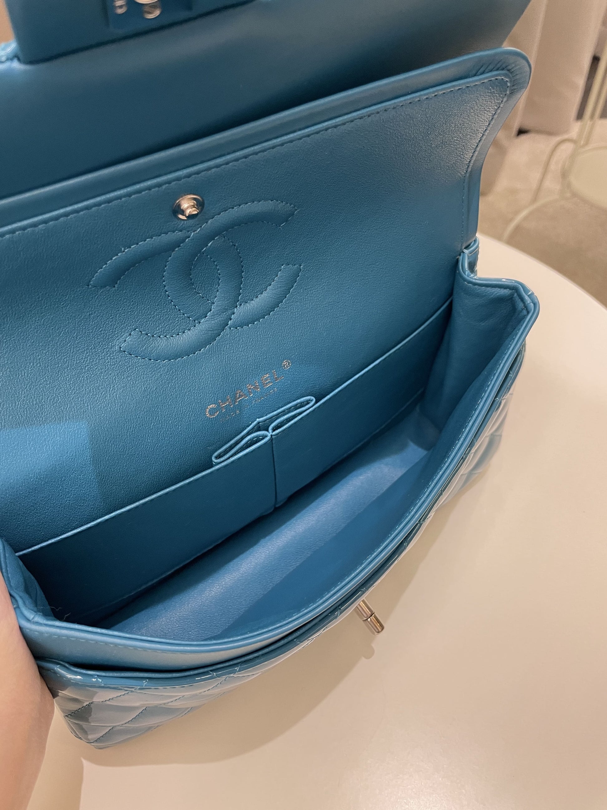 Chanel Classic Quilted Medium Double Flap Turquoise Patent - Bags - 18