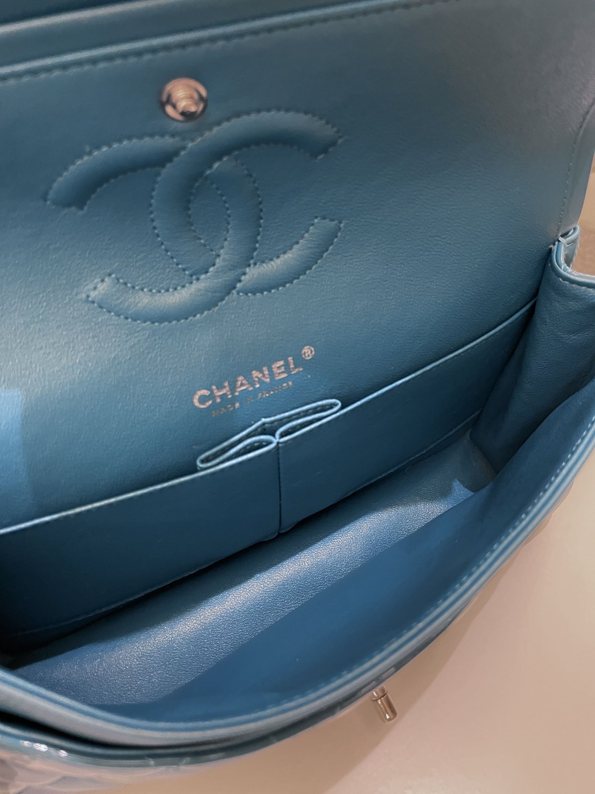 Chanel Classic Quilted Medium Double Flap Turquoise Patent - Bags - 19
