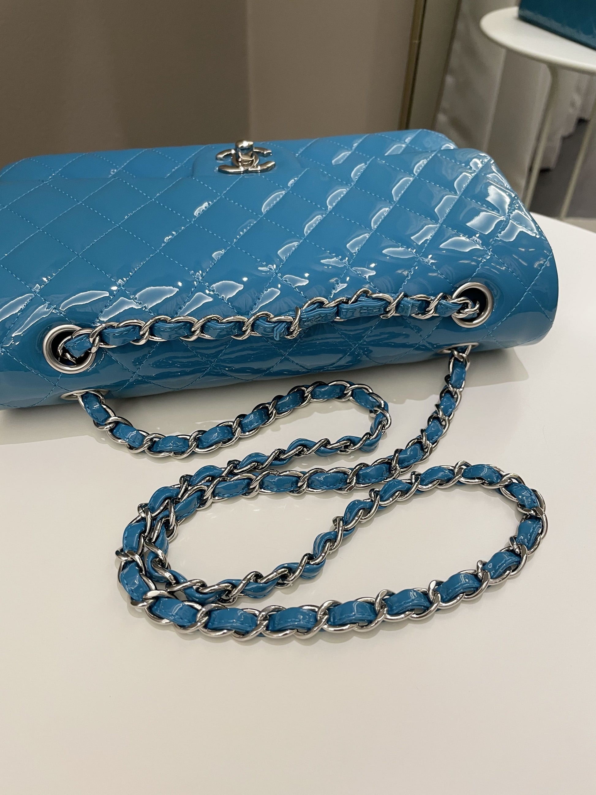 Chanel Classic Quilted Medium Double Flap Turquoise Patent - Bags - 21