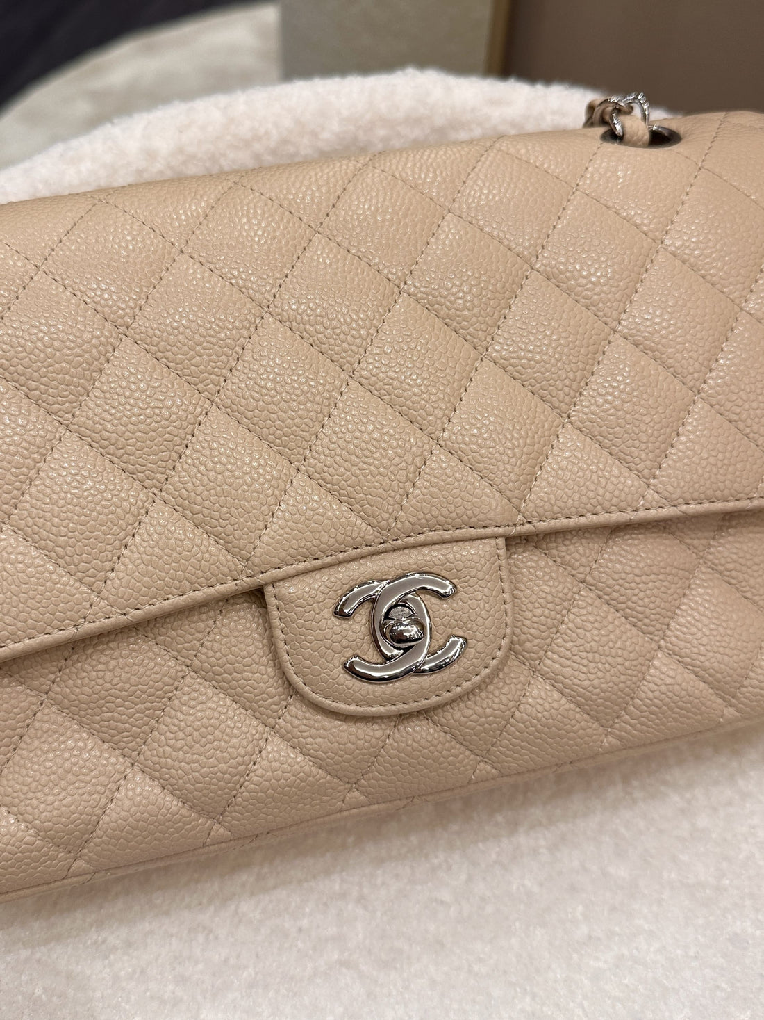 Chanel Classic Quilted Medium Double Flap Beige Caviar - Bags
