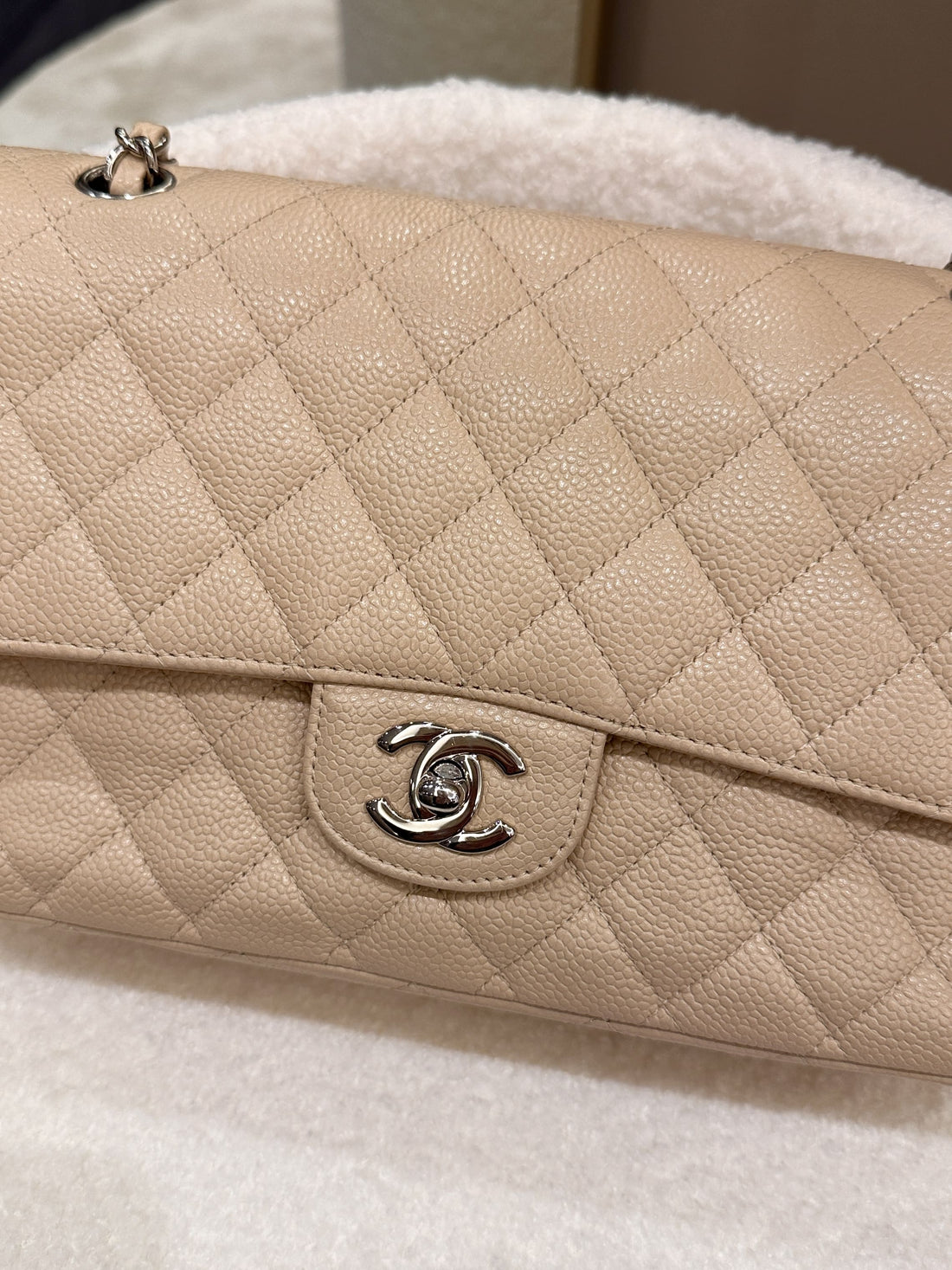 Chanel Classic Quilted Medium Double Flap Beige Caviar - Bags