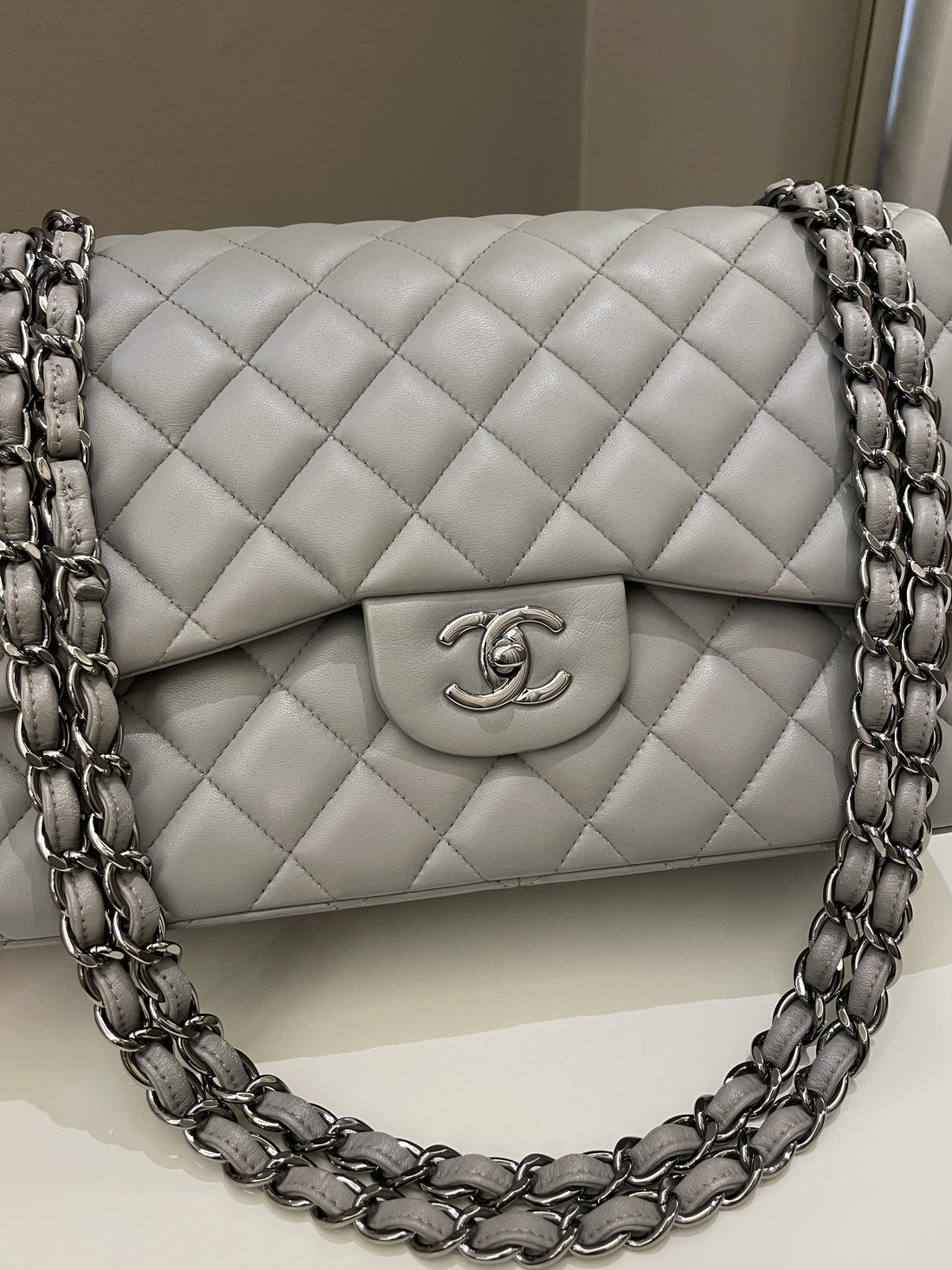 Chanel Classic Quilted Jumbo Double Flap Grey Lambskin - Bags