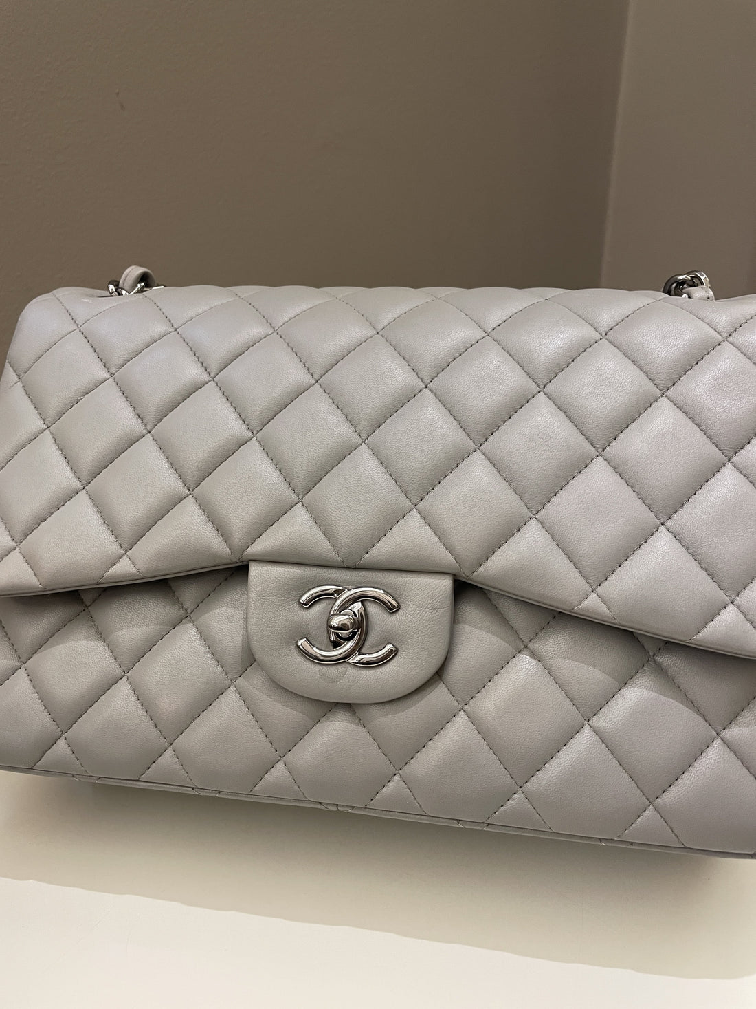 Chanel Classic Quilted Jumbo Double Flap Grey Lambskin - Bags