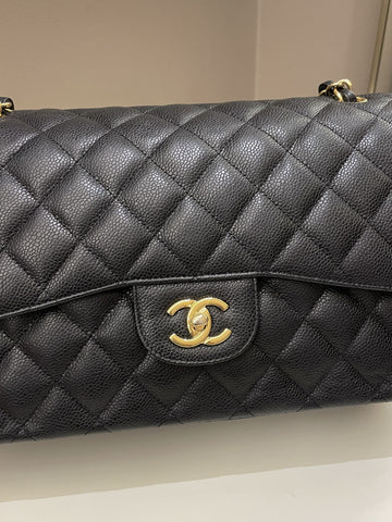 Chanel Classic Quilted Jumbo Double Flap Black Caviar - Bags