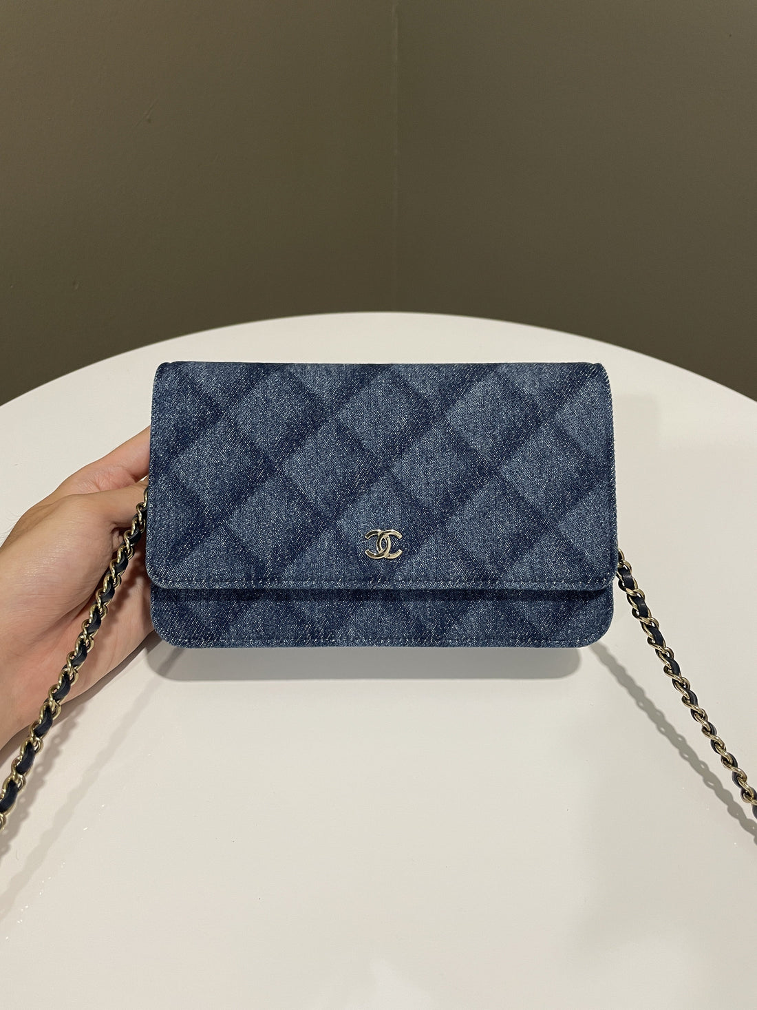 Chanel 22B Classic Quilted Wallet on Chain Blue Denim - Bags