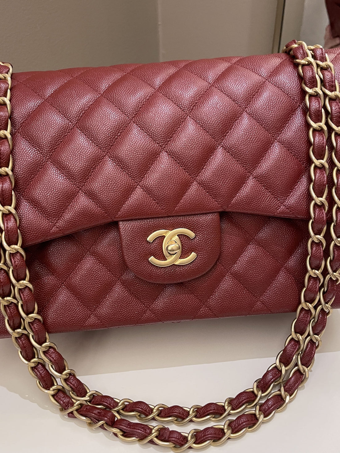 Chanel 18C Classic Quilted Jumbo Double Flap Iridescent Burgundy Caviar Leather - Bags