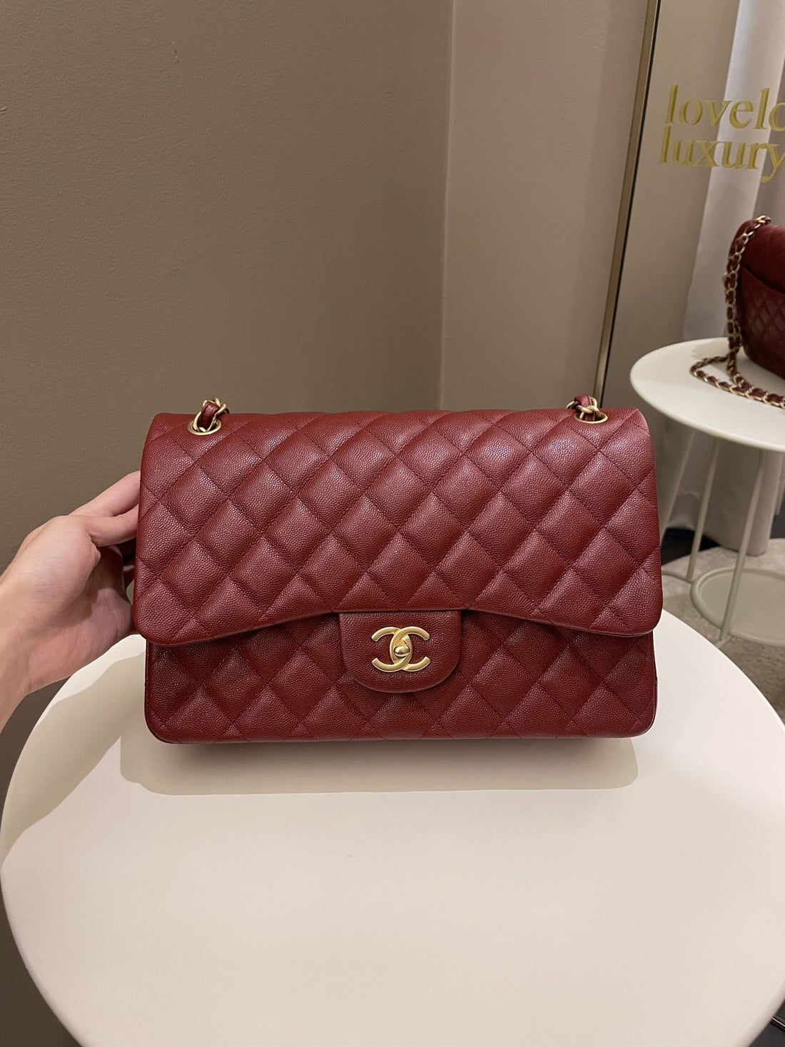 Chanel 18C Classic Quilted Jumbo Double Flap Iridescent Burgundy Caviar Leather - Bags