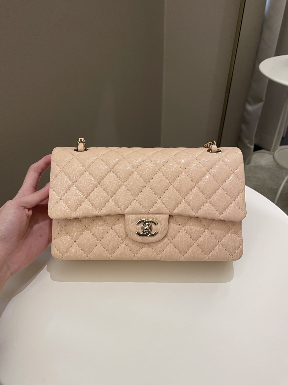 Chanel Classic Quilted Medium Double Flap Beige Peach Caviar - Bags