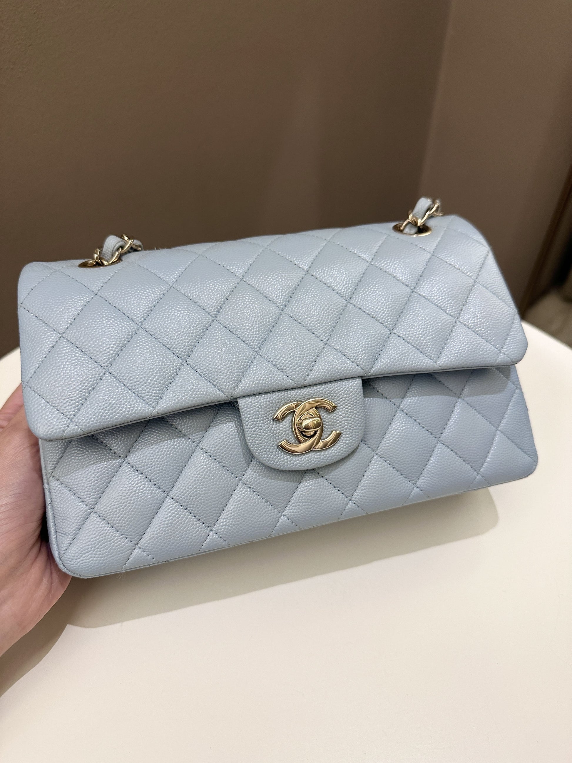 Chanel 22P Classic Quilted Small Double Flap Light Blue Caviar - Bags