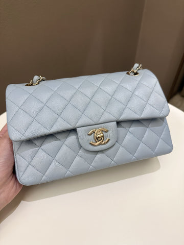 Chanel 22P Classic Quilted Small Double Flap Light Blue Caviar - Bags