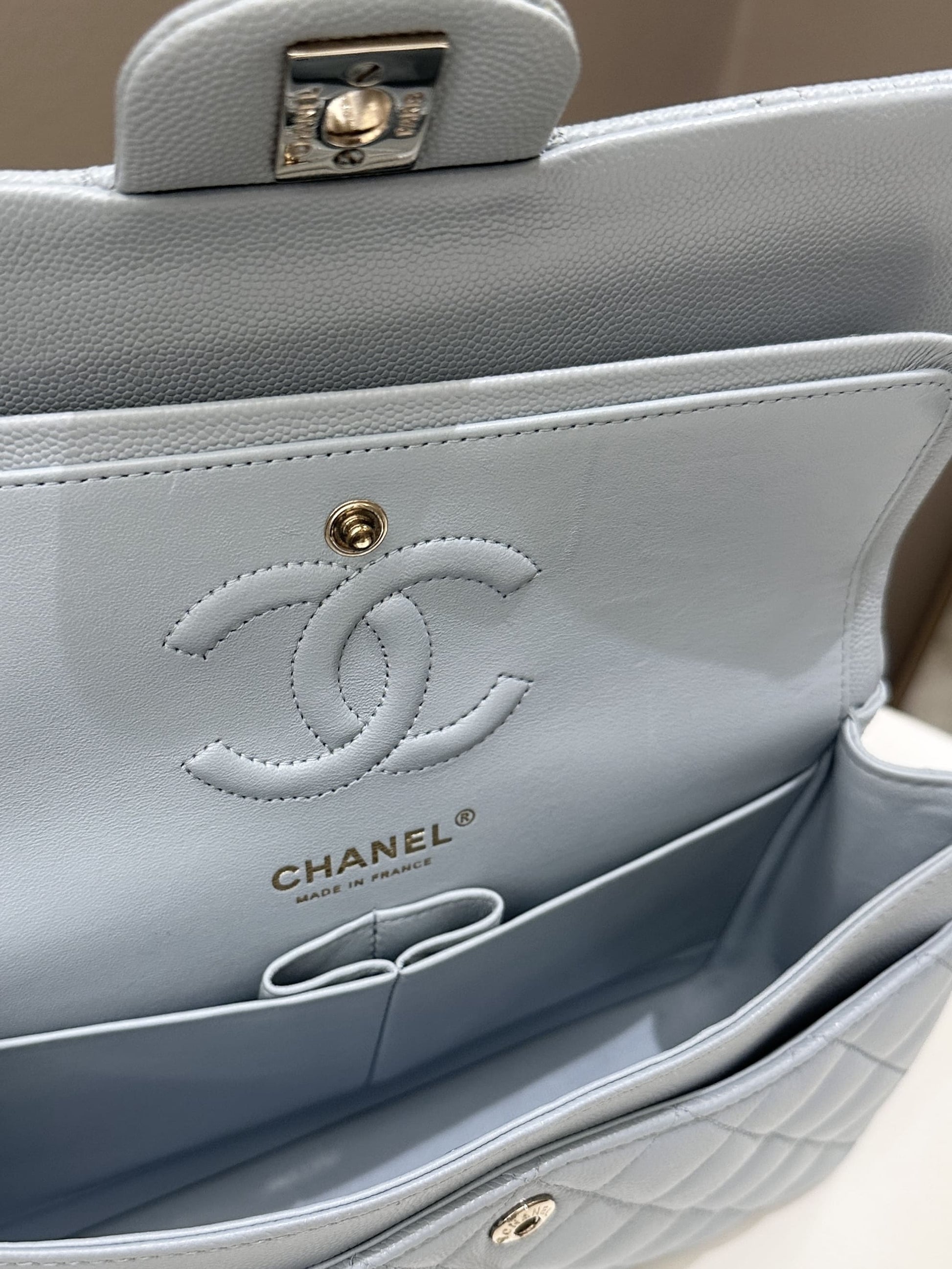 Chanel 22P Classic Quilted Small Double Flap Light Blue Caviar - Bags - 15