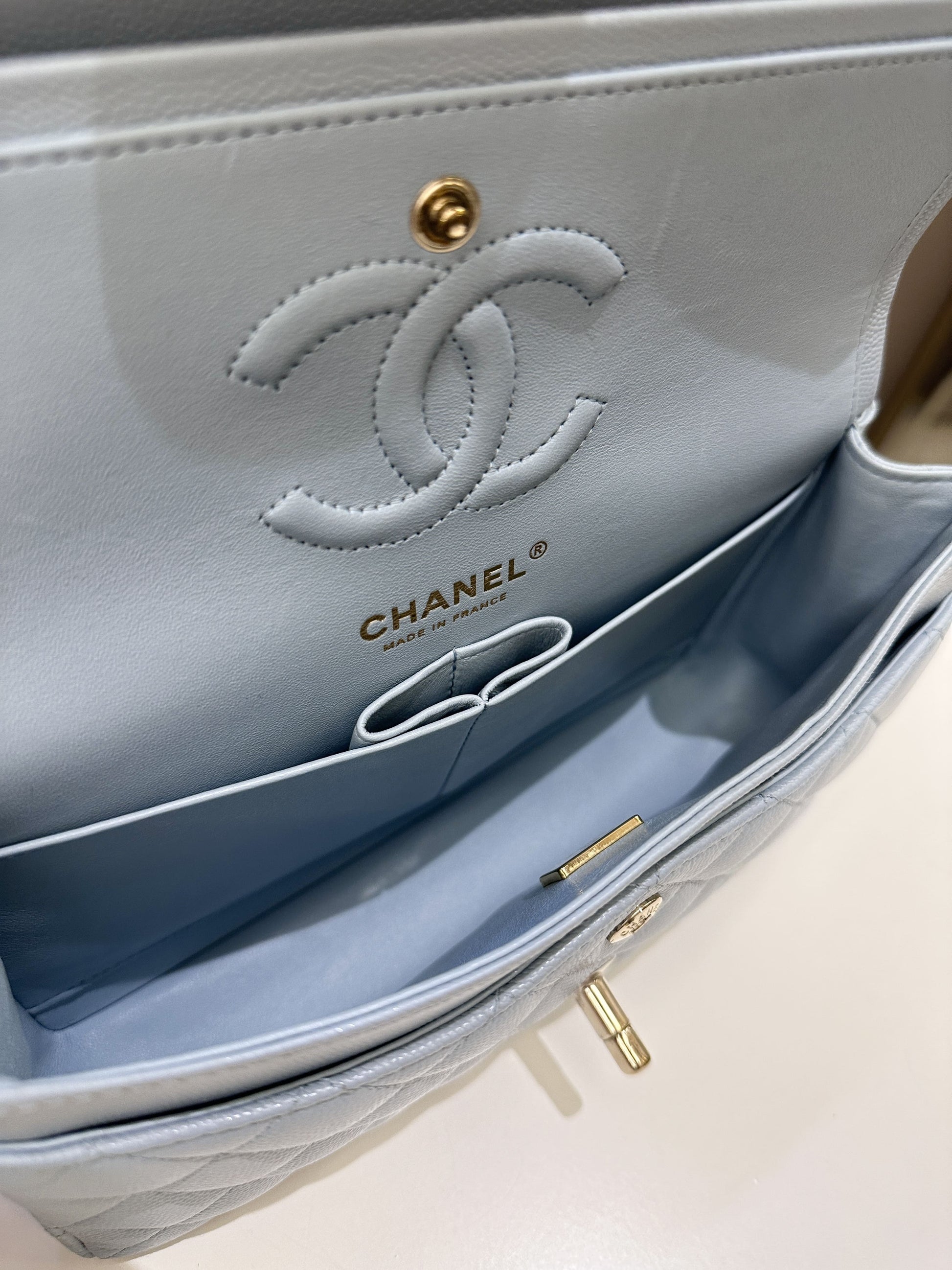 Chanel 22P Classic Quilted Small Double Flap Light Blue Caviar - Bags - 14