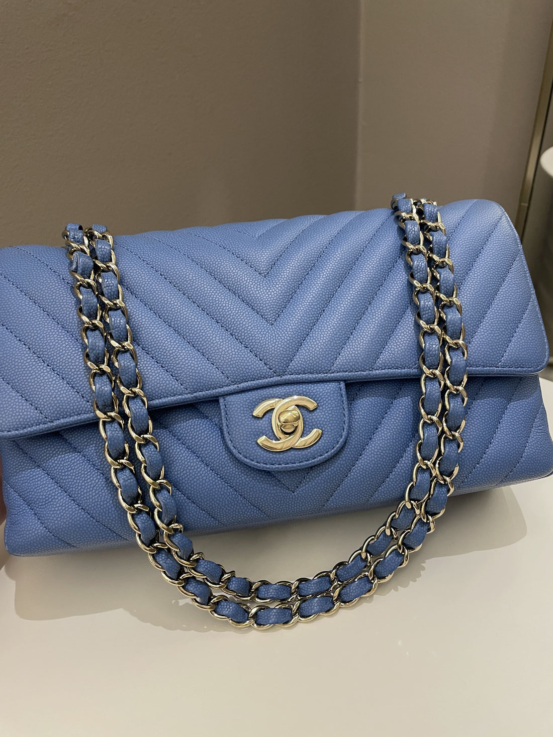 Chanel Classic Chevron Medium Double Flap Paradise Blue Caviar - Bags