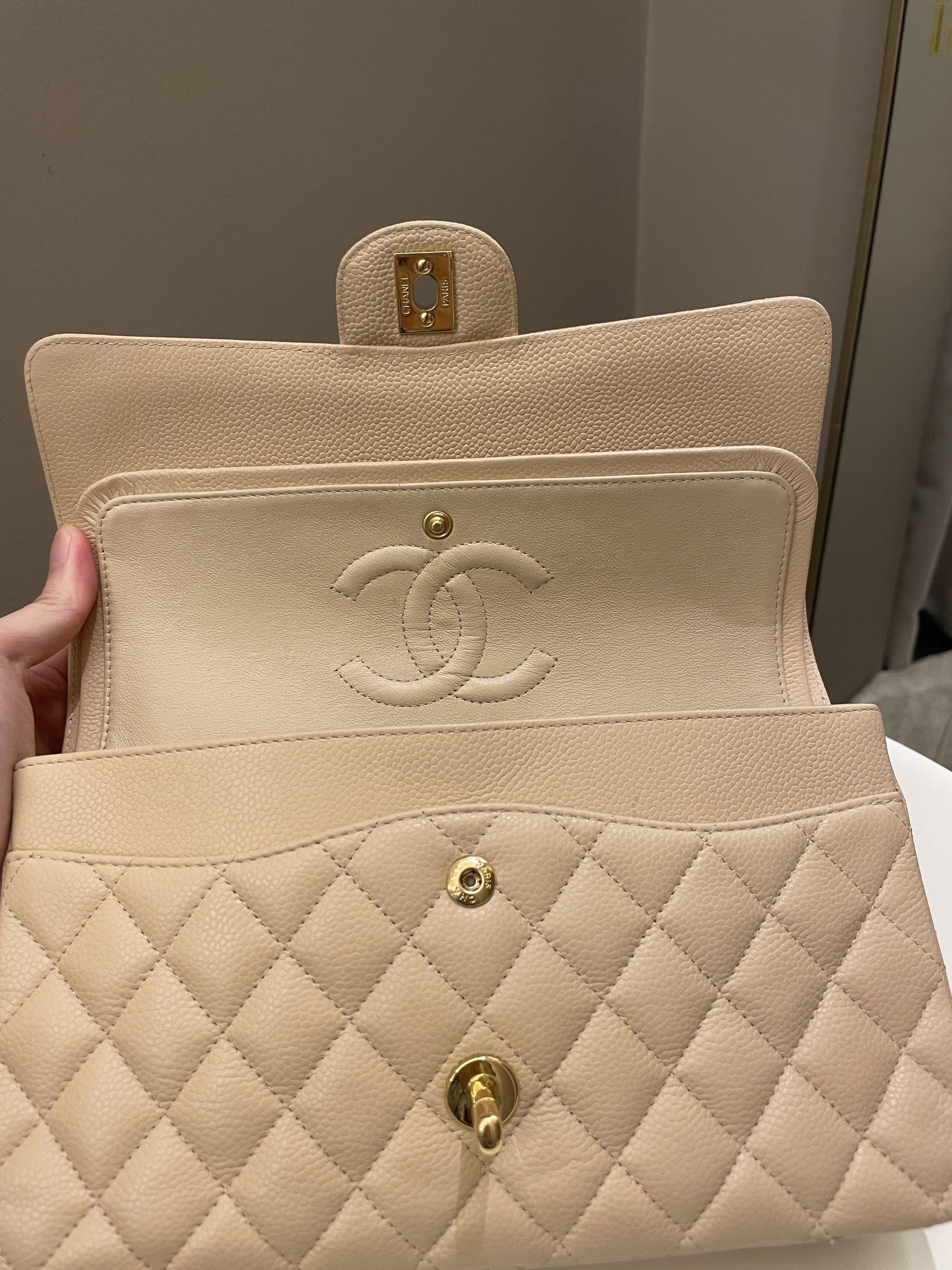 Chanel Classic Medium Double Flap Beige Clair Caviar - Bags - 15