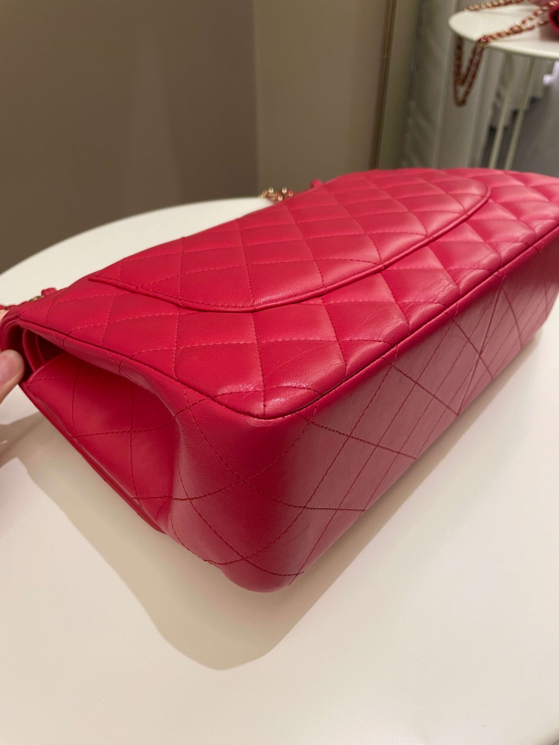 Chanel Classic Quilted Jumbo Double Flap Red Lambskin - Bags - 11
