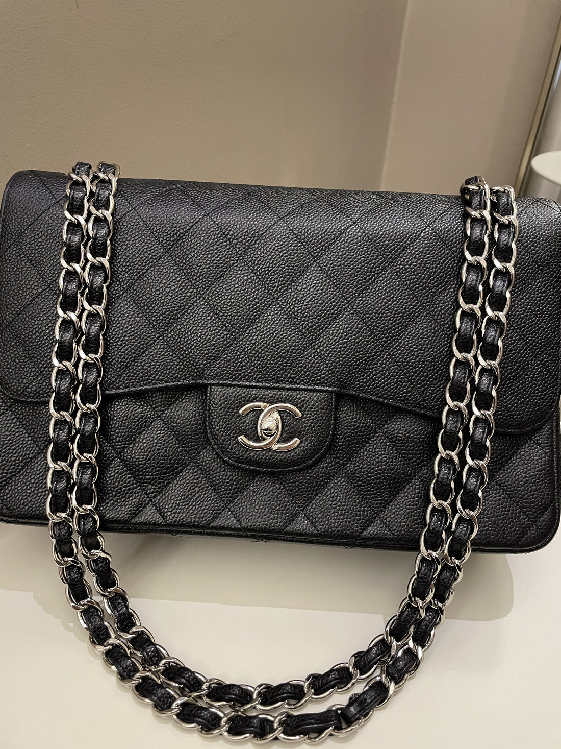 Chanel Classic Quilted Jumbo Double Flap Black Caviar - Bags