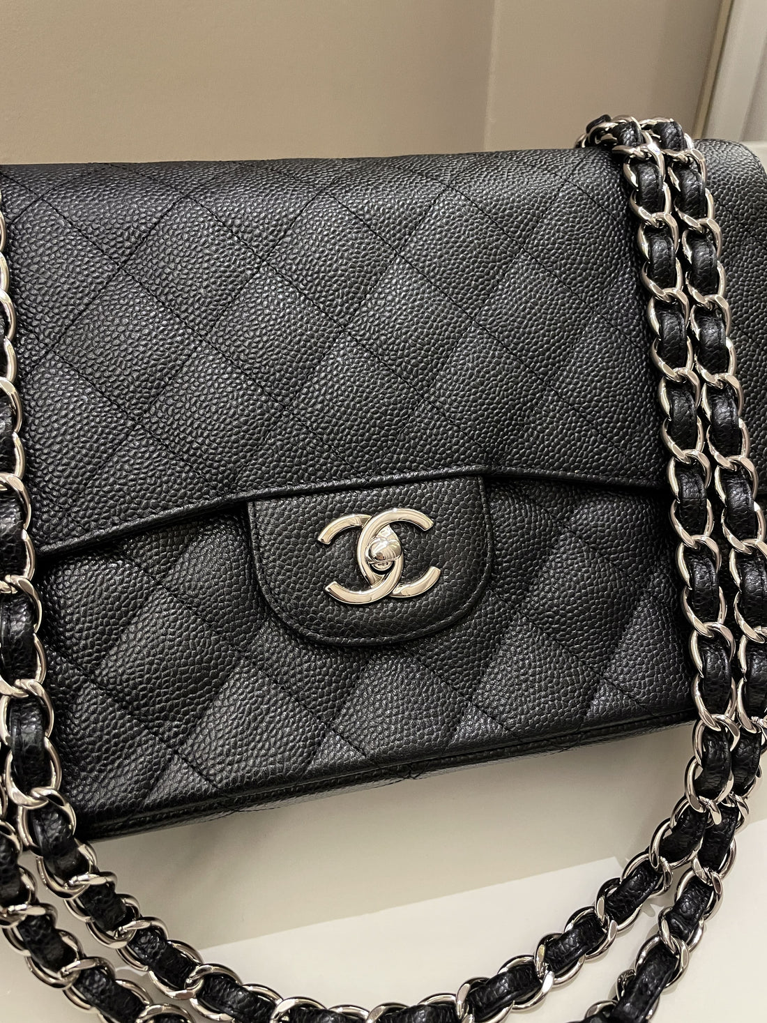 Chanel Classic Quilted Jumbo Double Flap Black Caviar - Bags