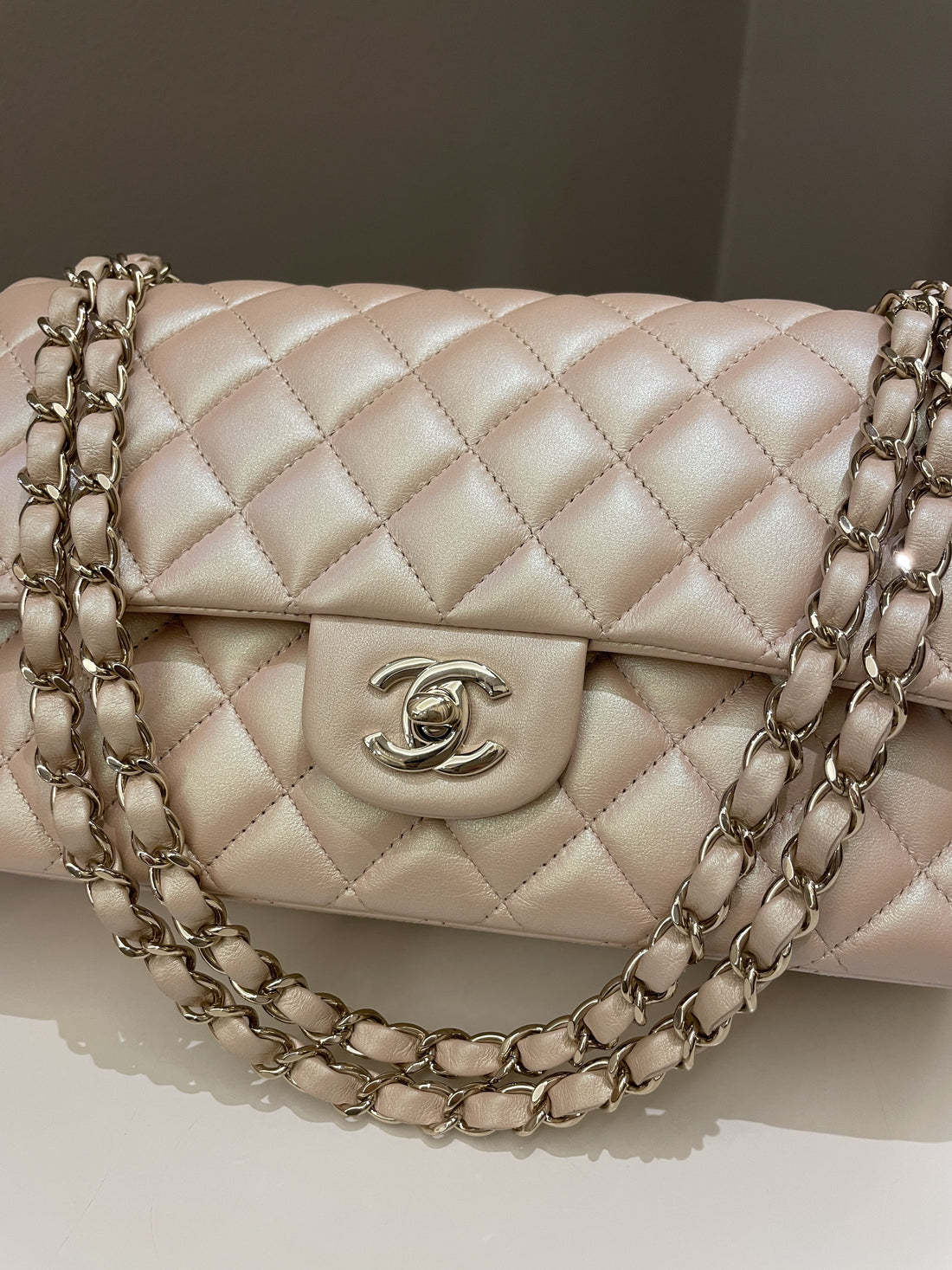 Chanel 21S Classic Quilted Medium Double Flap Iridescent Pearl Beige Calfskin - Bags