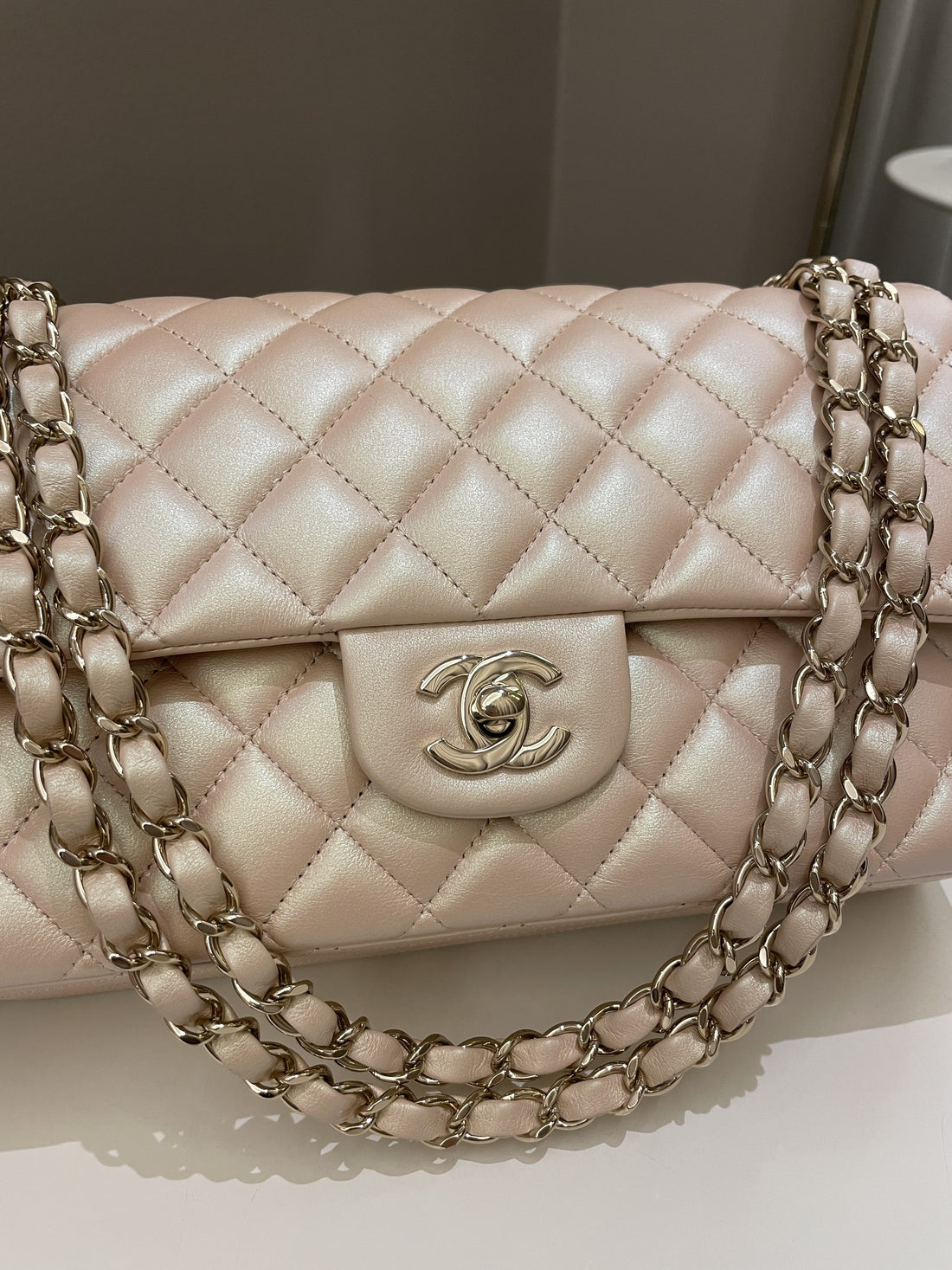 Chanel 21S Classic Quilted Medium Double Flap Iridescent Pearl Beige Calfskin - Bags