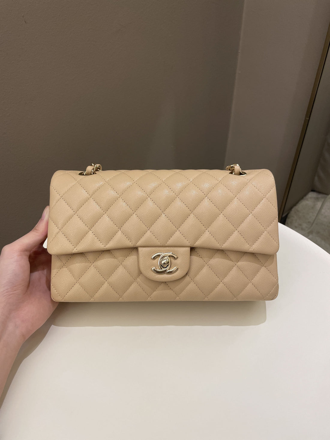 Chanel Classic Quilted Medium Double Flap Beige Caviar - Bags