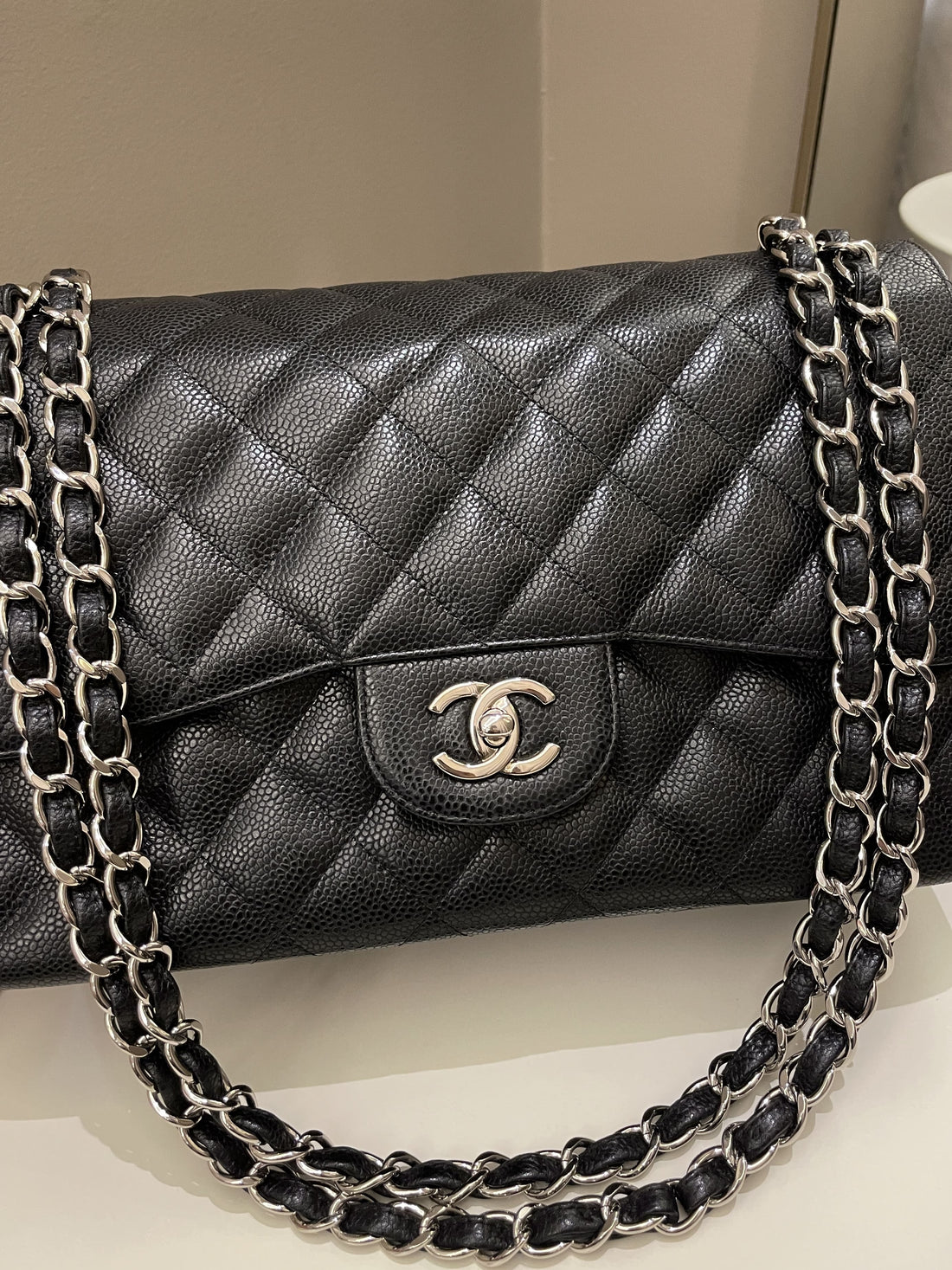 Chanel Classic Quilted Jumbo Double Flap Black Caviar - Bags