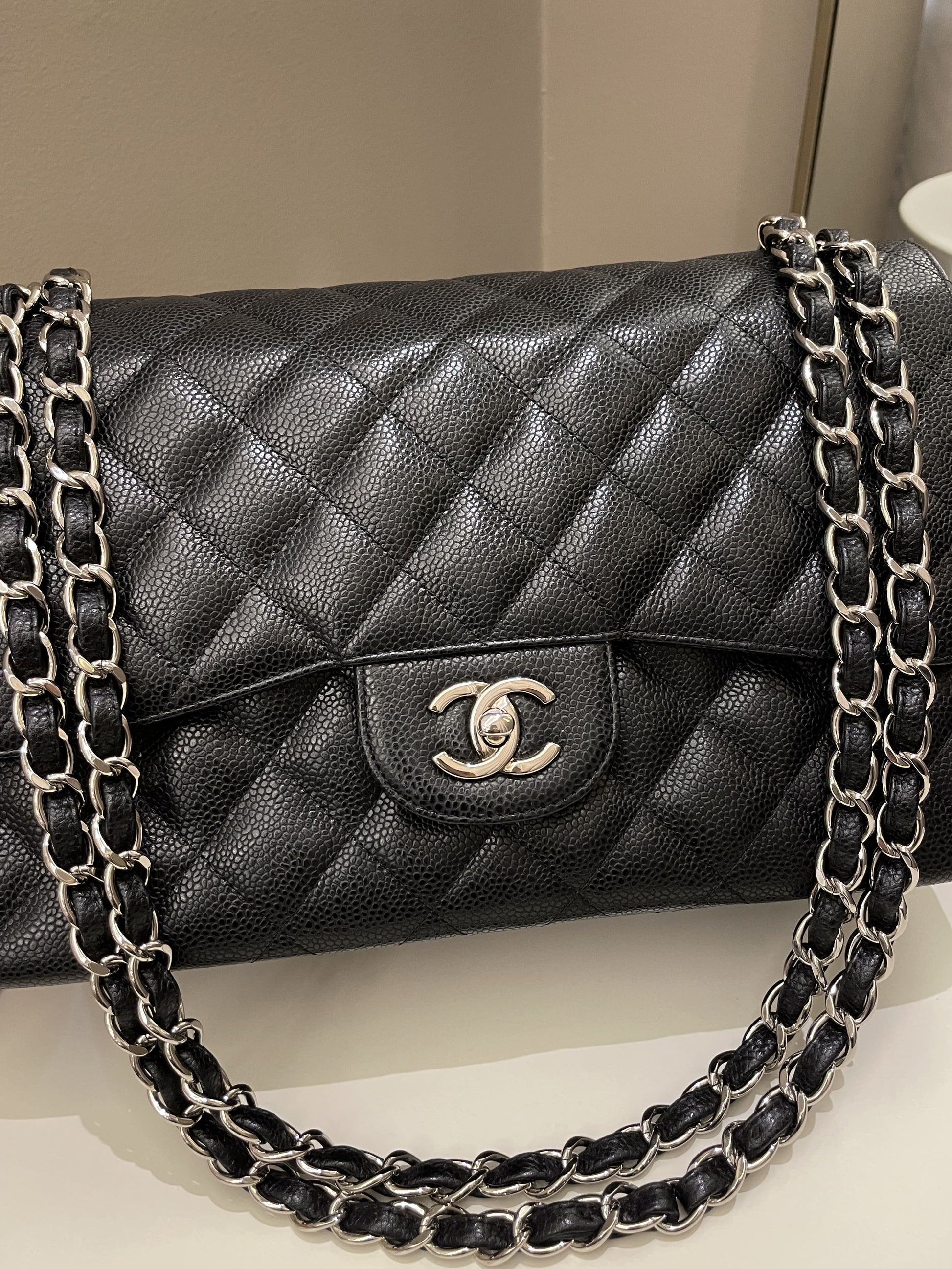 Chanel Classic Quilted Jumbo Double Flap Black Caviar - Bags