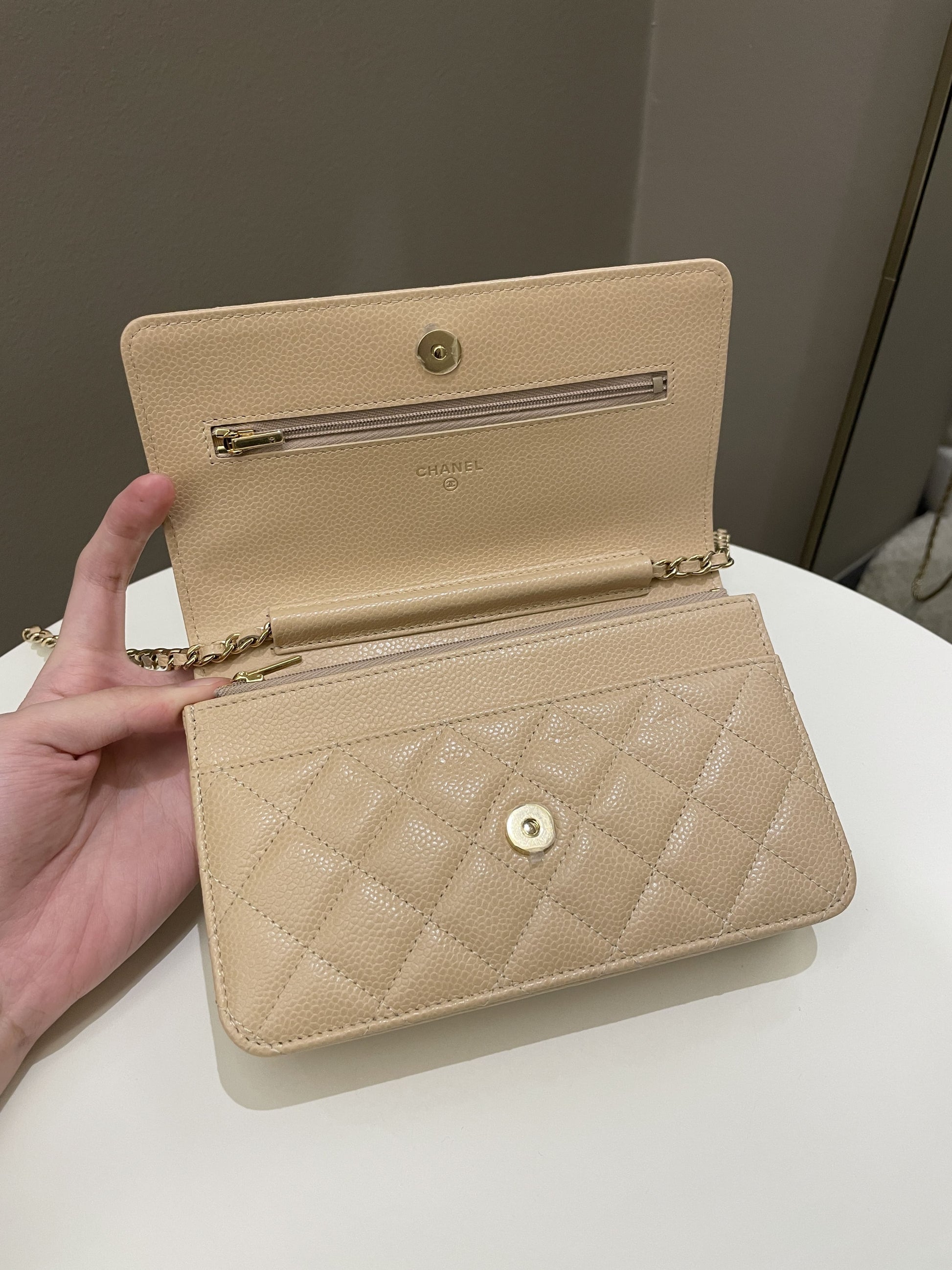 Chanel Classic Quilted Wallet on Chain Beige Caviar - Bags - 12