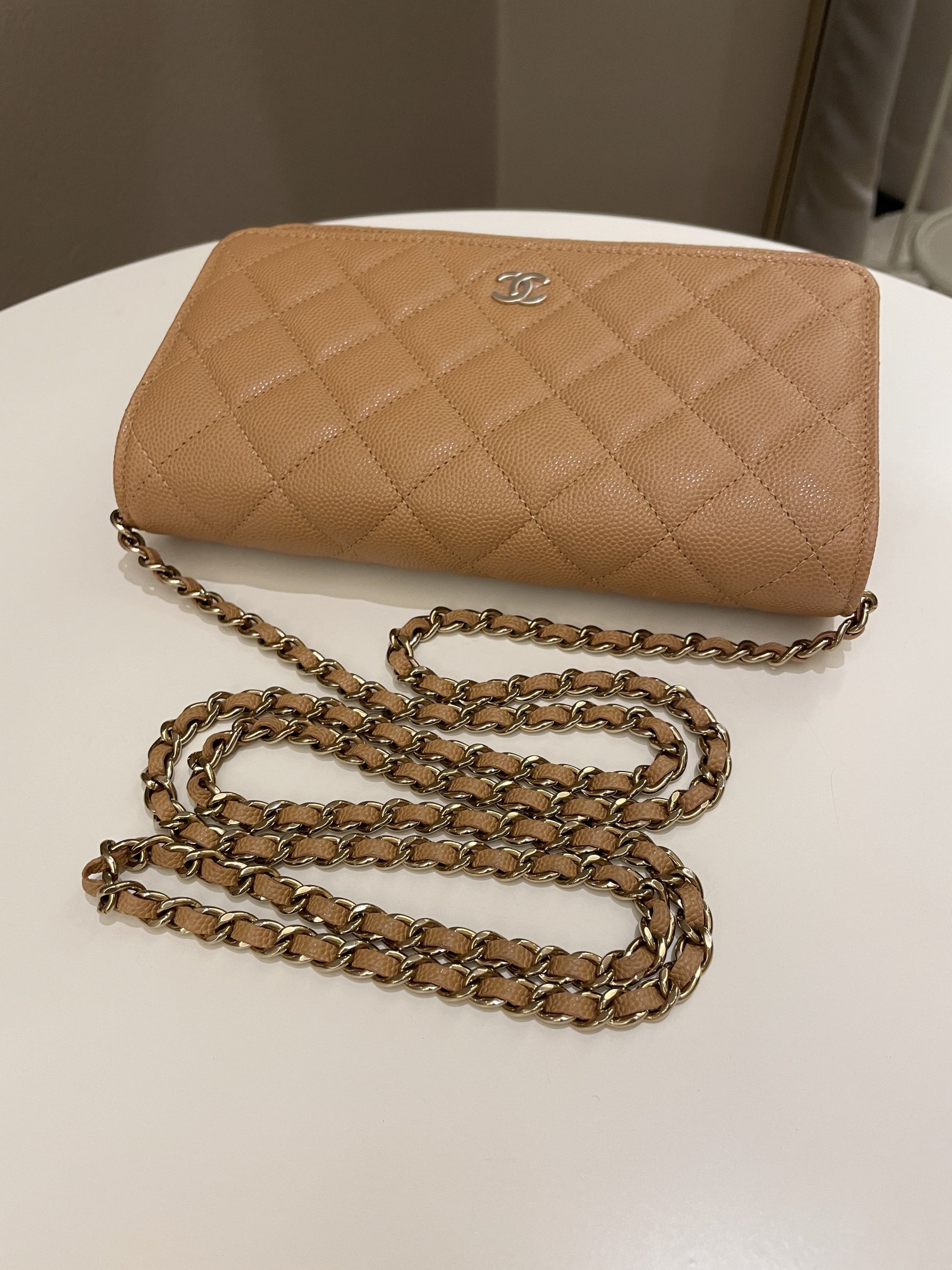 Chanel Classic Quilted Wallet on Chain Dark Beige Milk Tea Caviar - Bags - 16