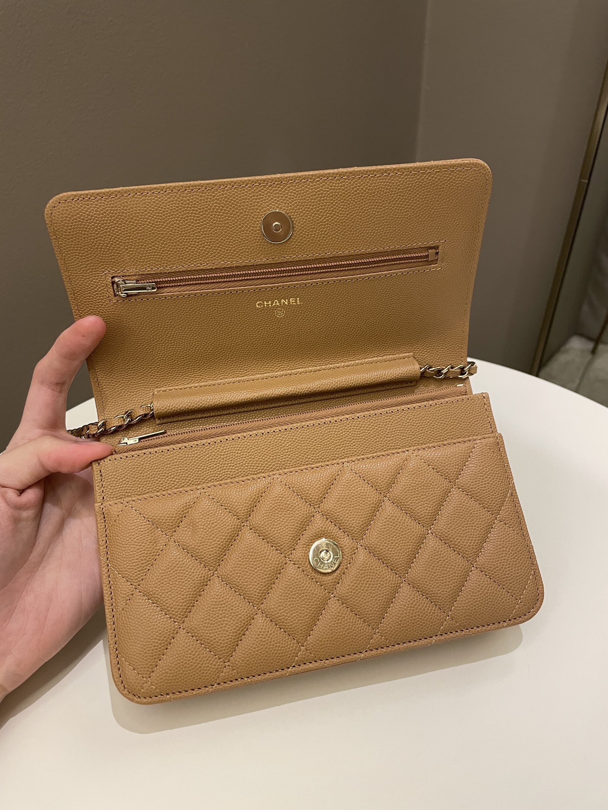 Chanel Classic Quilted Wallet on Chain Dark Beige Milk Tea Caviar - Bags - 11