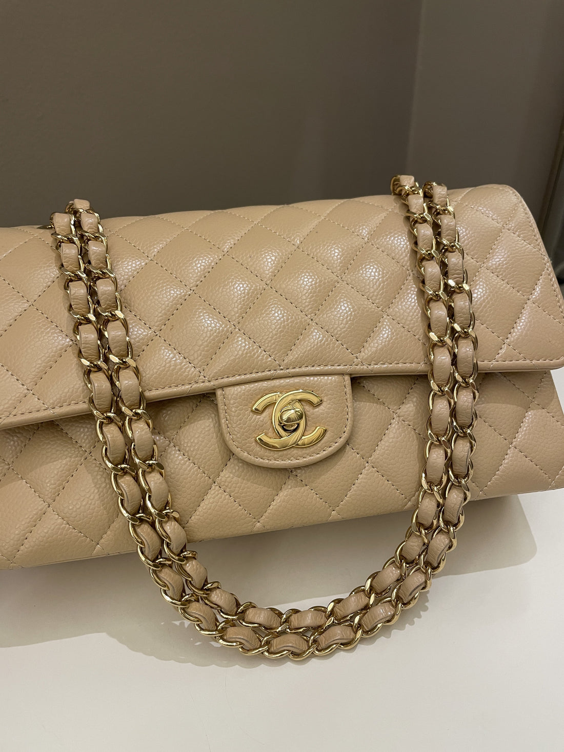 Chanel Classic Quilted Medium Double Flap Beige Claire Caviar - Bags