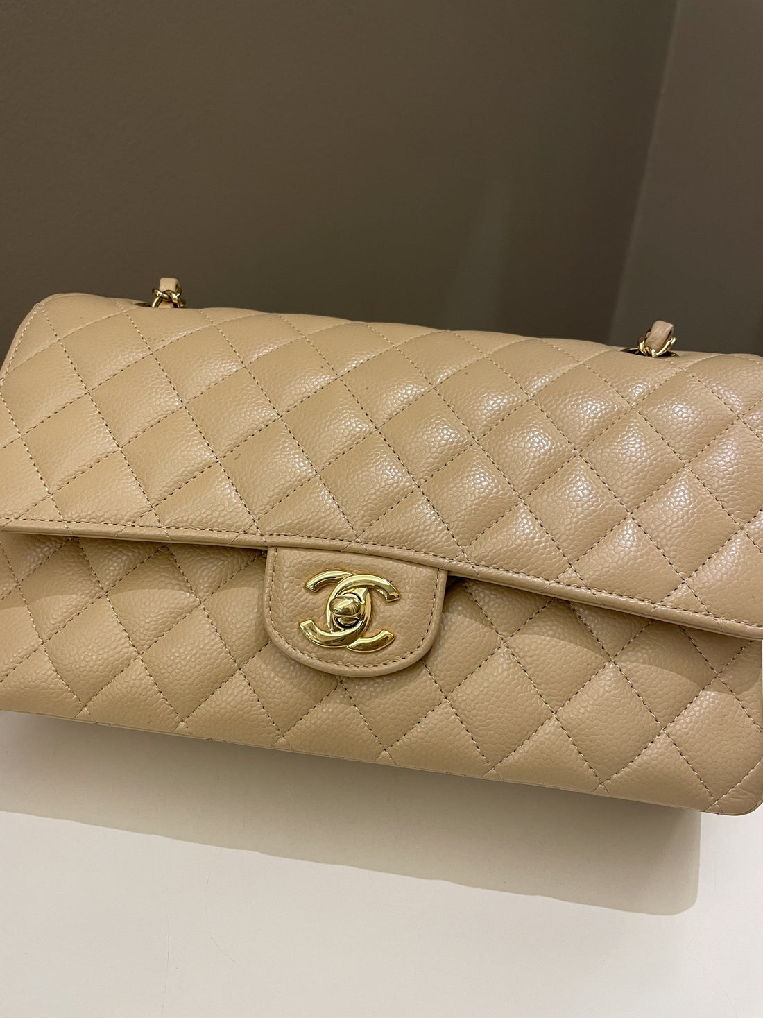 Chanel Classic Quilted Medium Double Flap Beige Claire Caviar - Bags