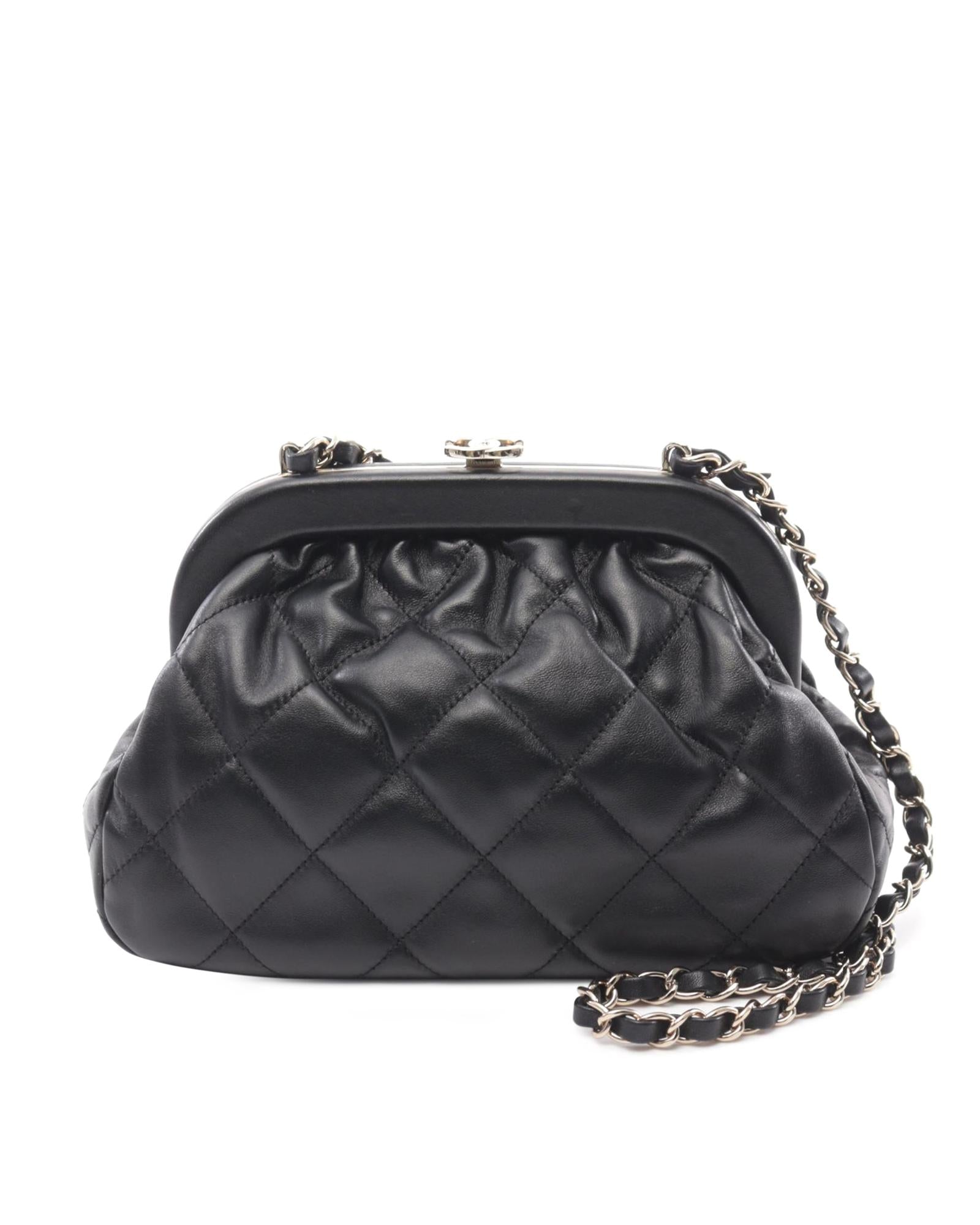 Quilted Lambskin Clutch with Chain and Kiss Lock - Handbag & Wallet Accessories