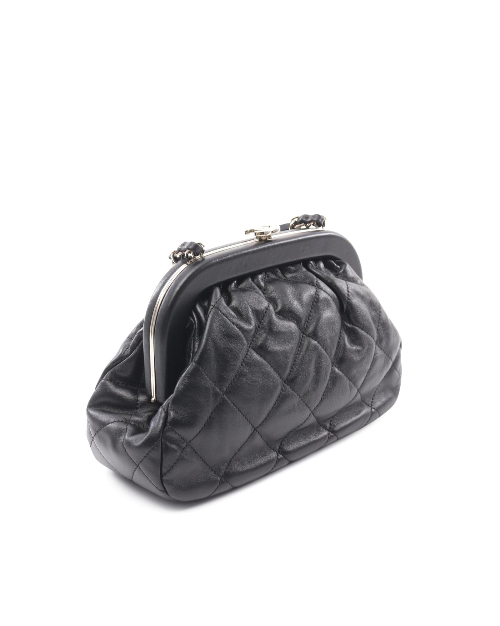 Quilted Lambskin Clutch with Chain and Kiss Lock - Handbag & Wallet Accessories - 2