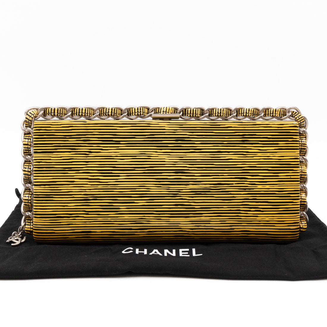Long Frame Clutch Yellow Striped Patent Leather - Bags