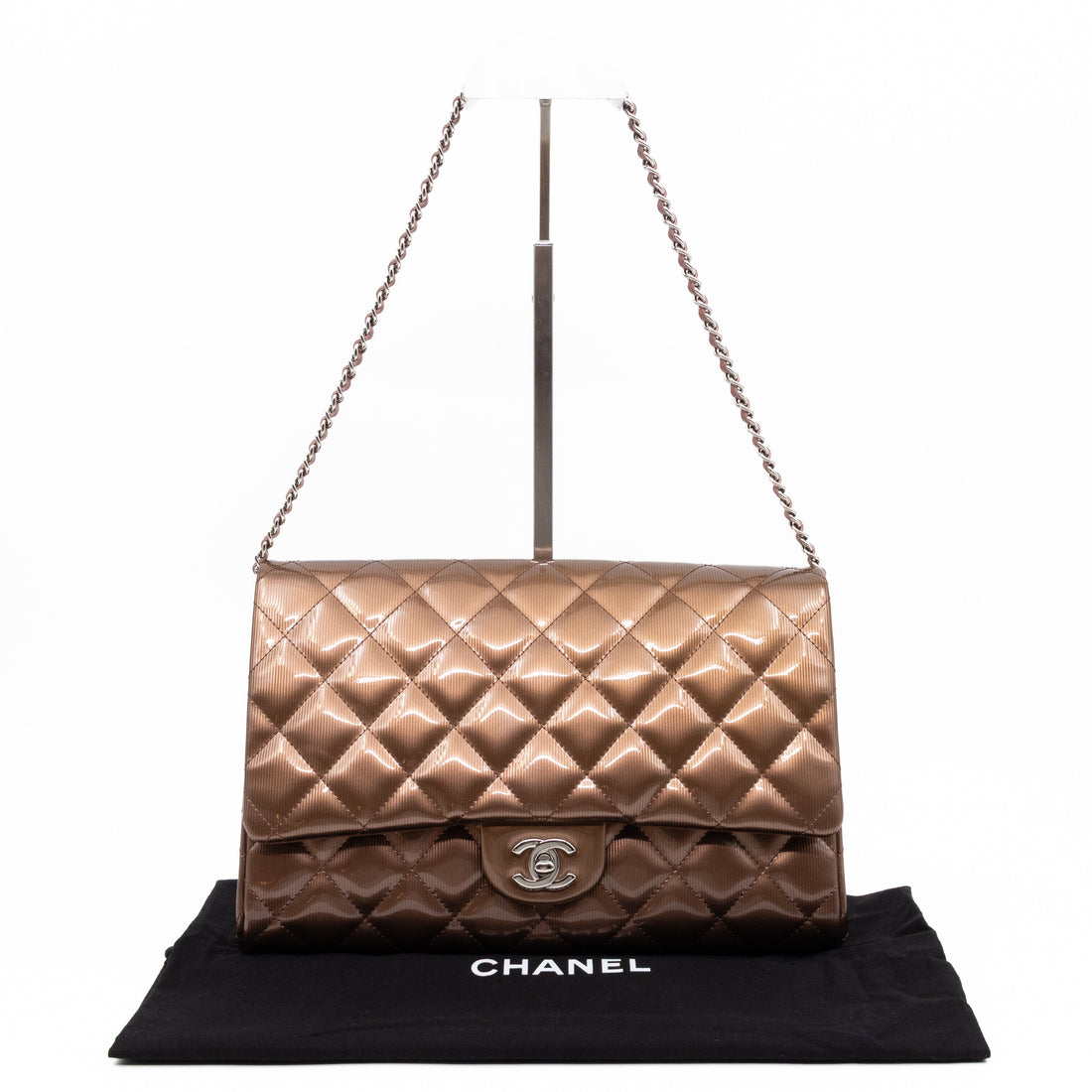 Timeless Clutch with Chain Bronze Striated Patent Leather - Bags