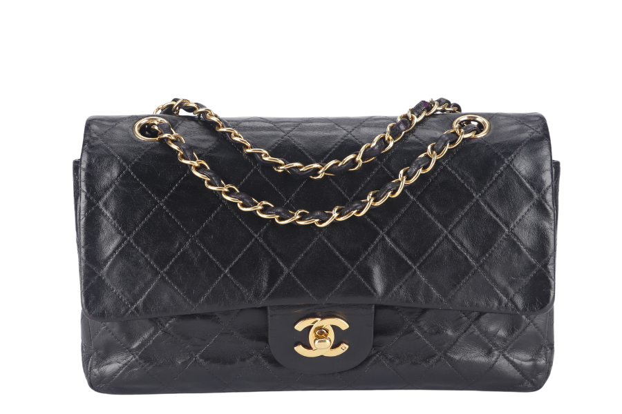 CHANEL VINTAGE CLASSIC DOUBLE FLAP (341xxxx) SMALL BLACK LAMBSKIN LEATHER GOLD HARDWARE NO DUST COVER - Bags