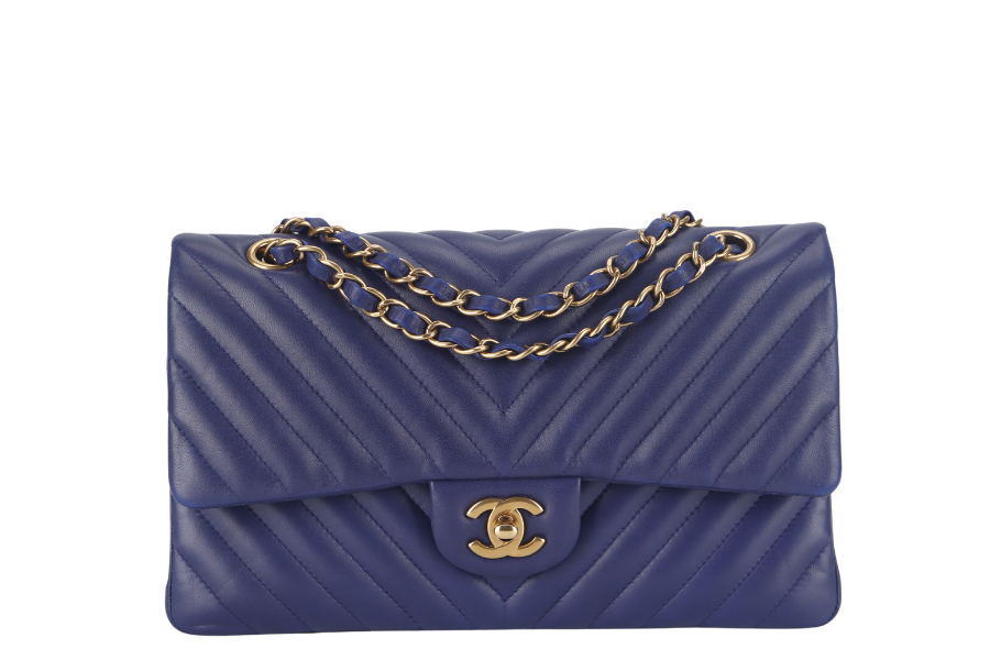 CHANEL CLASSIC FLAP CHEVRON (2117xxxx) DARK BLUE LAMBSKIN GOLD HARDWARE MEDIUM SIZE WITH  AND DUST COVER - Bags