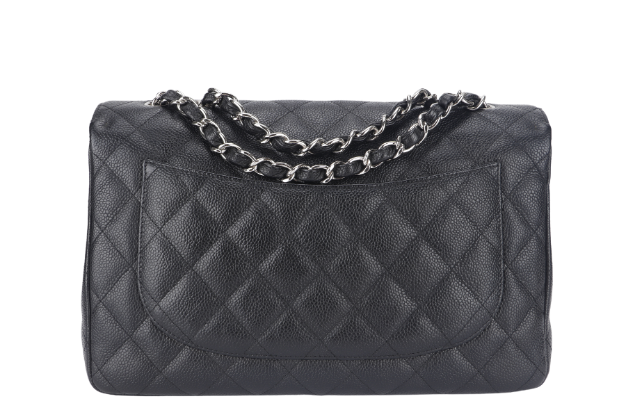 CHANEL CLASSIC FLAP JUMBO (1357xxxx) BLACK CAVIAR LEATHER SILVER HARDWARE WITH DUST COVER AND - Bags